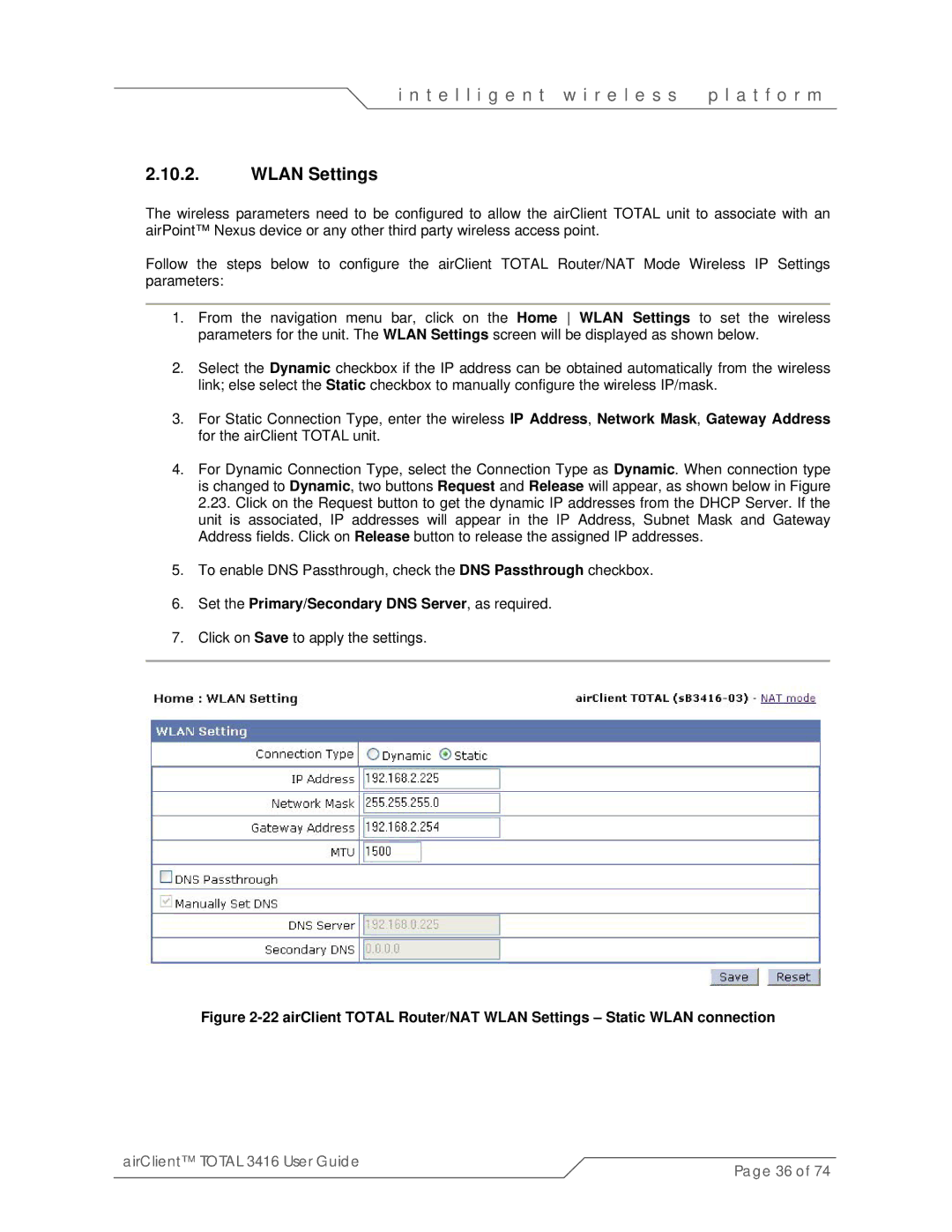 SmartBridges sB3416-03, sB3416-01, sB3416-02 manual Wlan Settings, Set the Primary/Secondary DNS Server, as required 