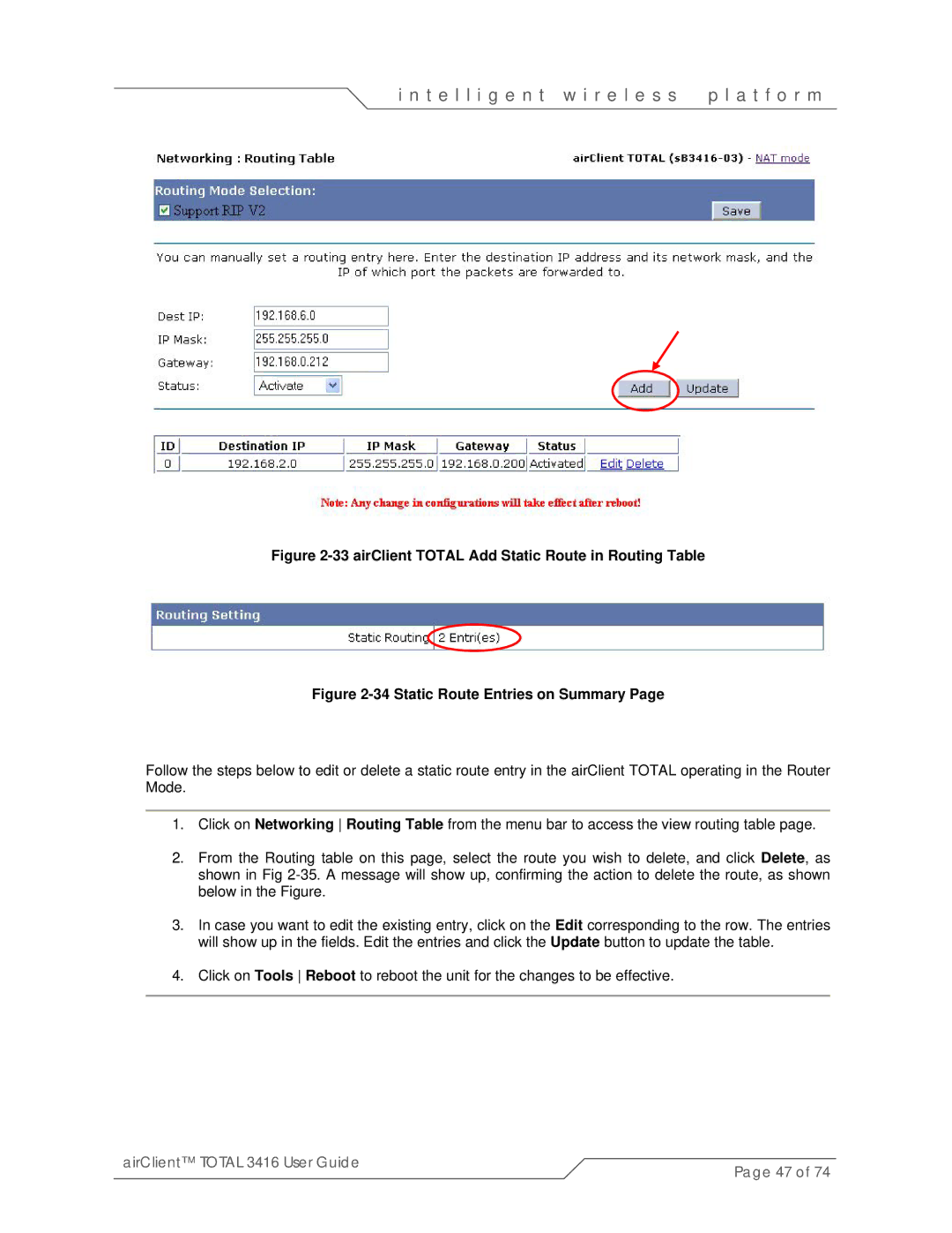 SmartBridges sB3416-02, sB3416-03, sB3416-01 manual airClient Total Add Static Route in Routing Table 