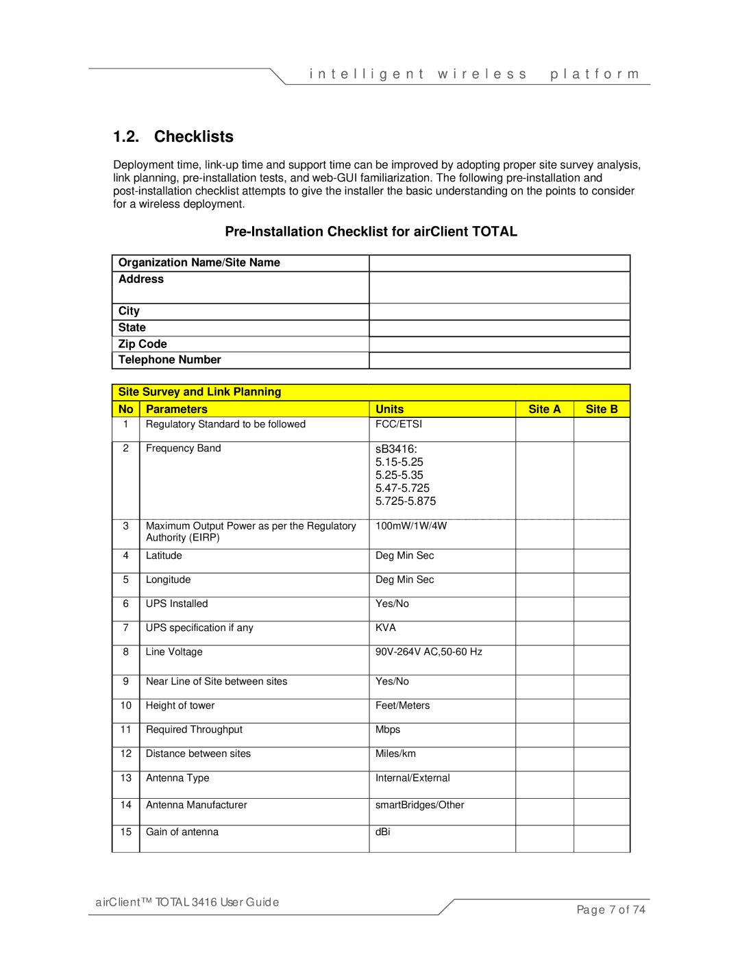 SmartBridges sB3416-01, sB3416-03, sB3416-02 manual Checklists, Pre-Installation Checklist for airClient Total 