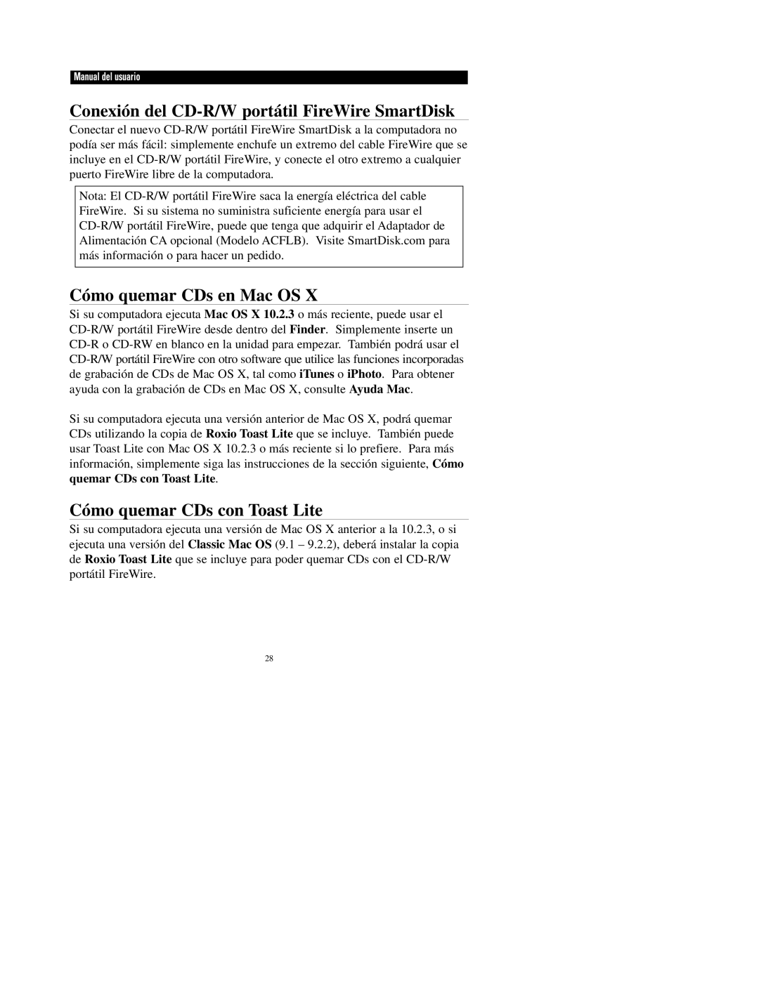 SmartDisk 24x10x24x manual Conexión del CD-R/W portátil FireWire SmartDisk, Cómo quemar CDs en Mac OS 