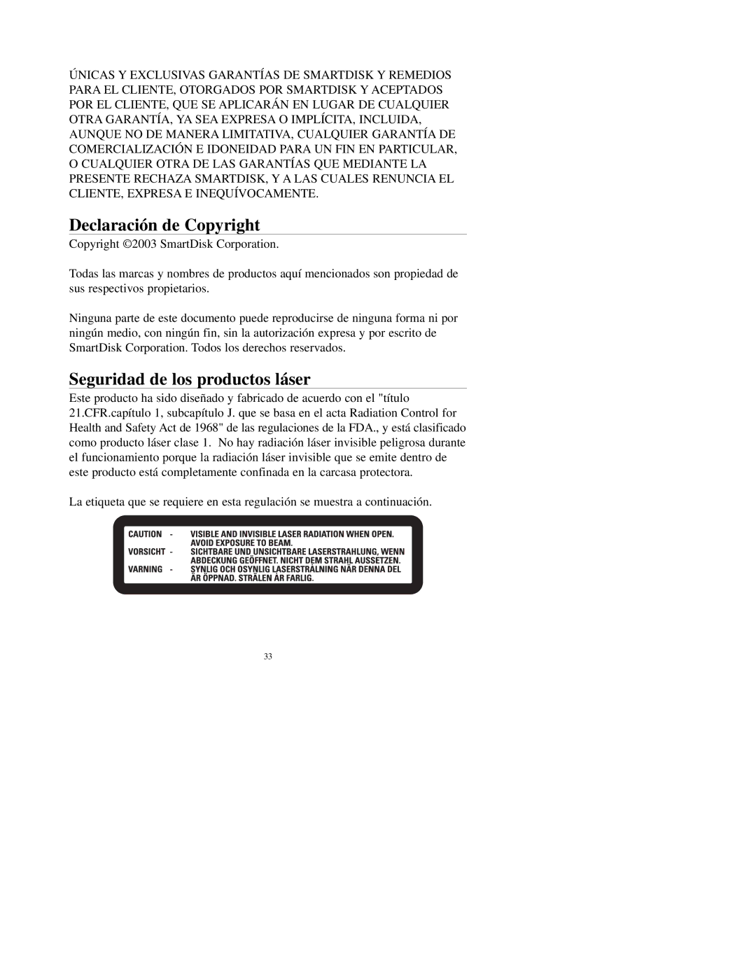 SmartDisk 24x10x24x manual Declaración de Copyright, Seguridad de los productos láser 