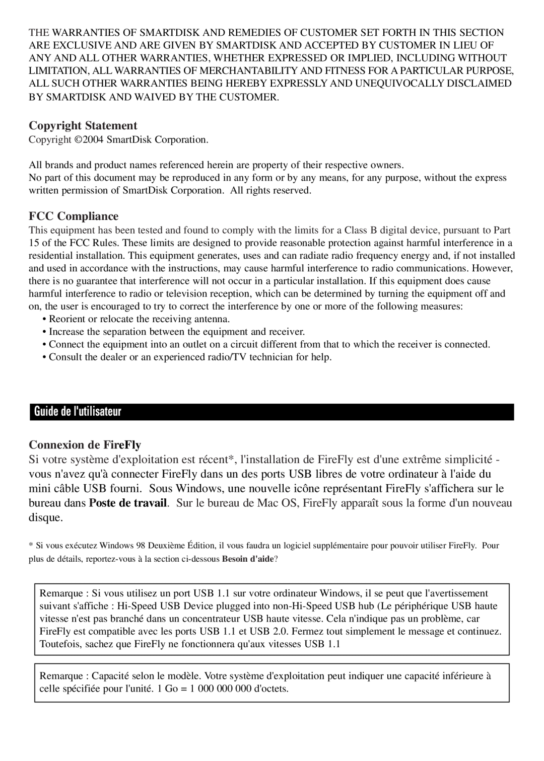 SmartDisk Computer Hard Drive manual Guide de lutilisateur, Copyright Statement, FCC Compliance, Connexion de FireFly 
