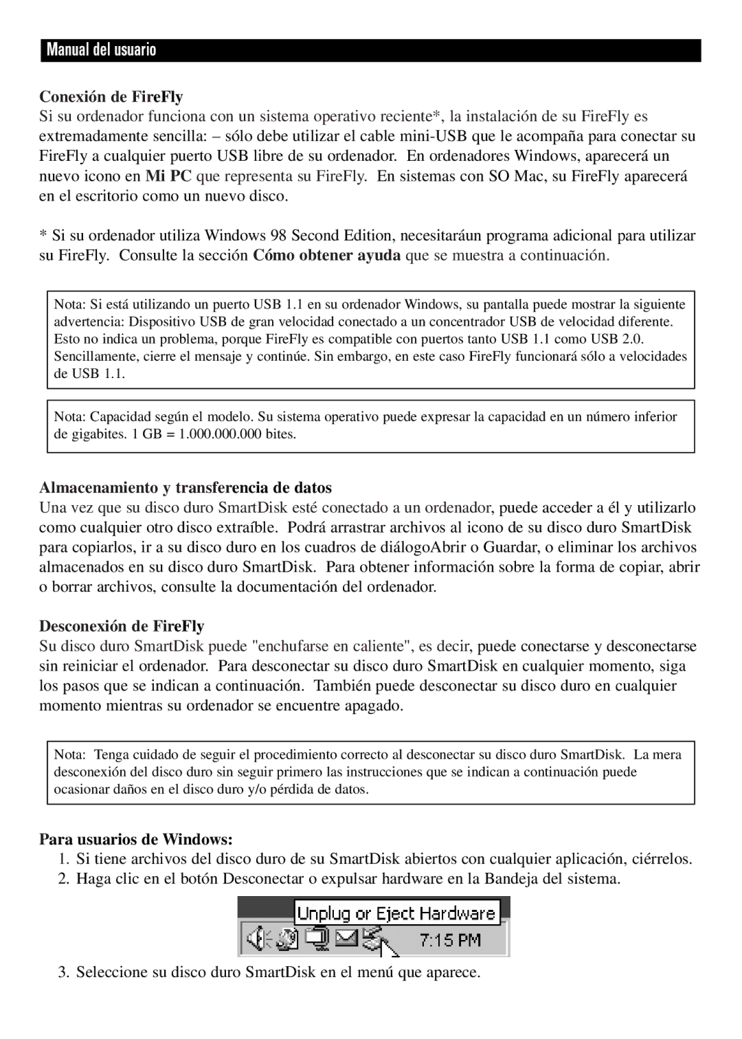 SmartDisk Computer Hard Drive manual Manual del usuario, Conexión de FireFly, Almacenamiento y transferencia de datos 