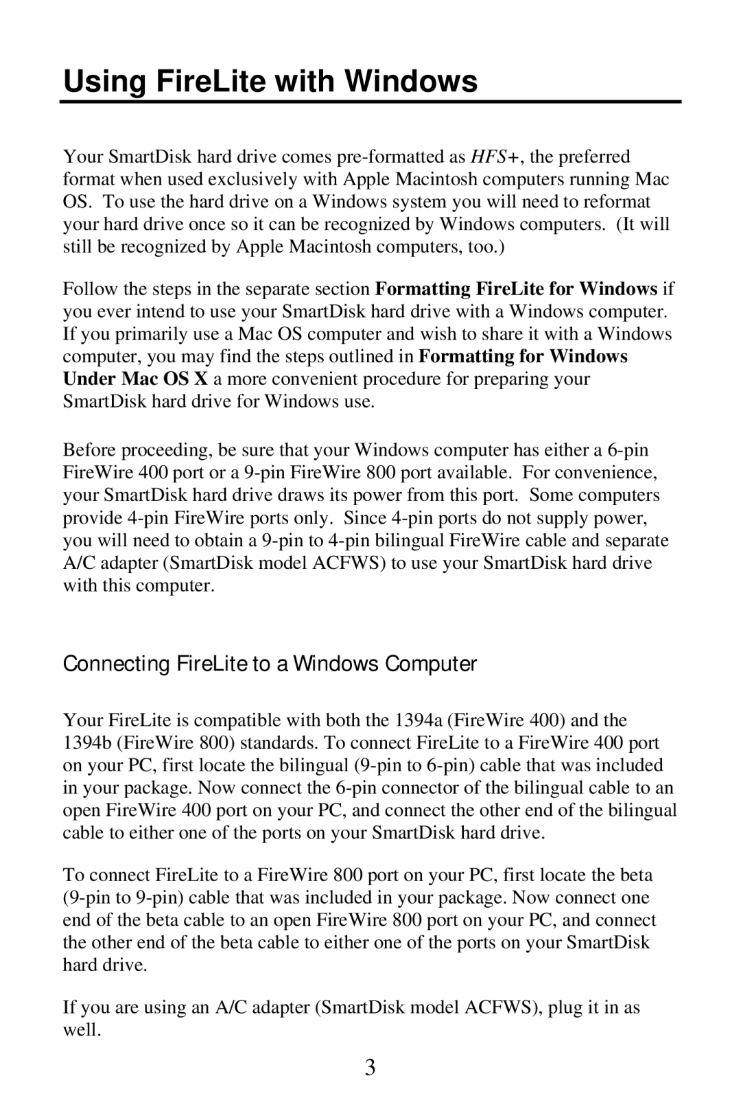 SmartDisk FireWire 800 manual Using FireLite with Windows, Connecting FireLite to a Windows Computer 