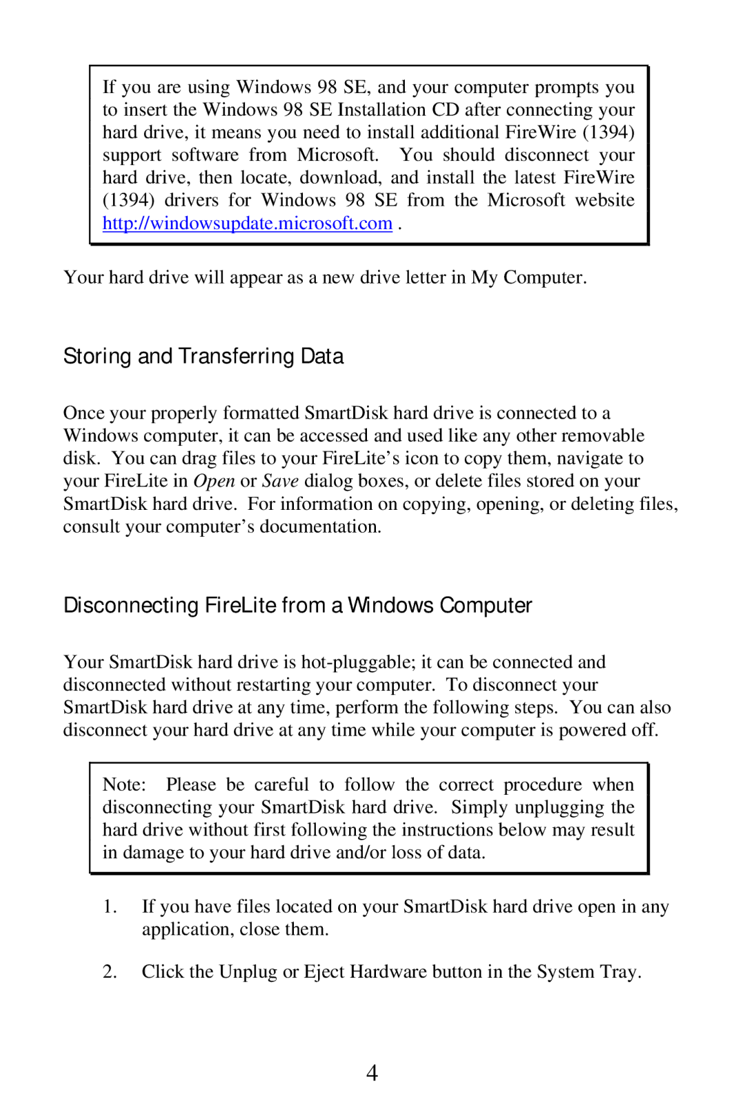 SmartDisk FireWire 800 manual Disconnecting FireLite from a Windows Computer 