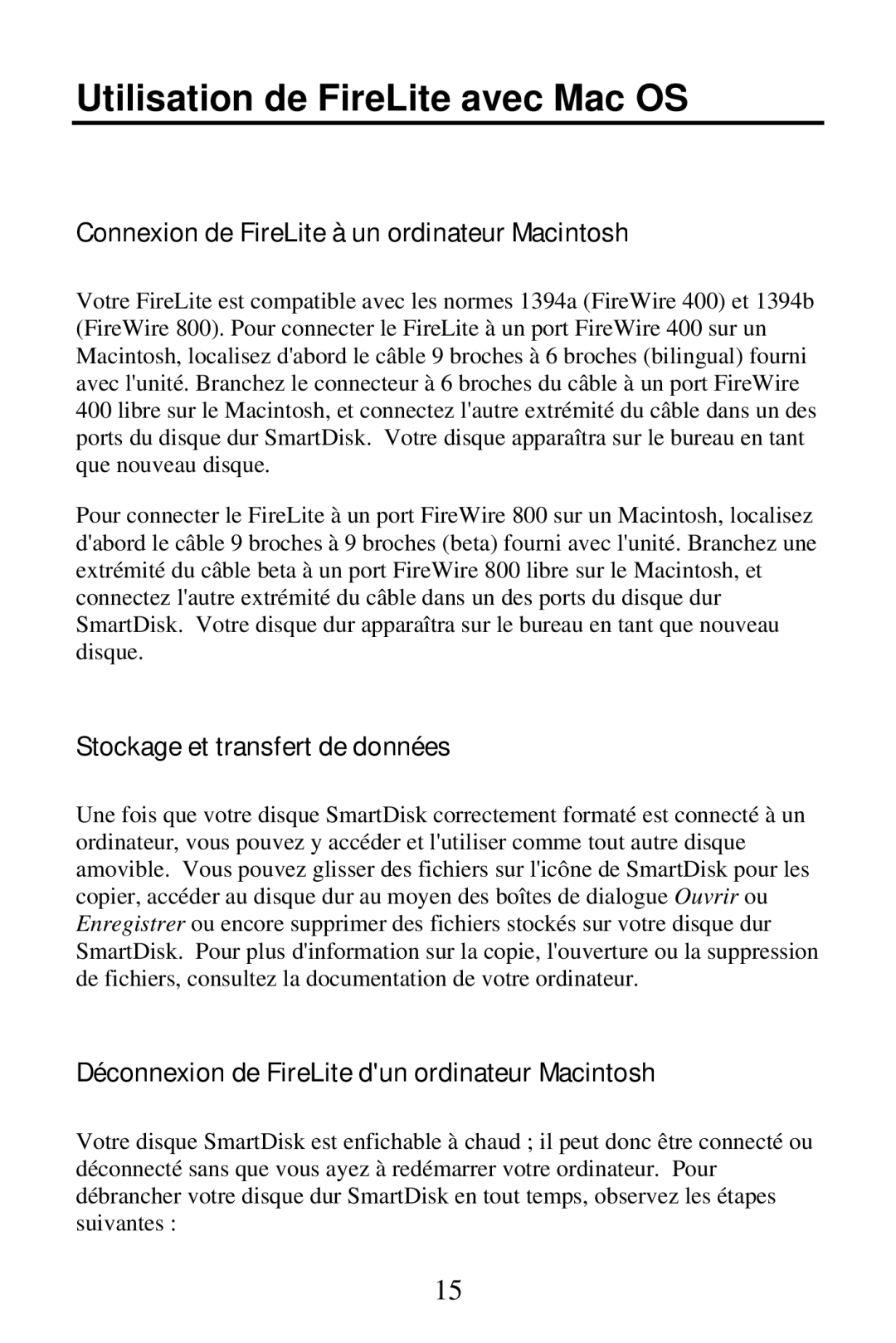 SmartDisk FireWire 800 manual Utilisation de FireLite avec Mac OS, Connexion de FireLite à un ordinateur Macintosh 