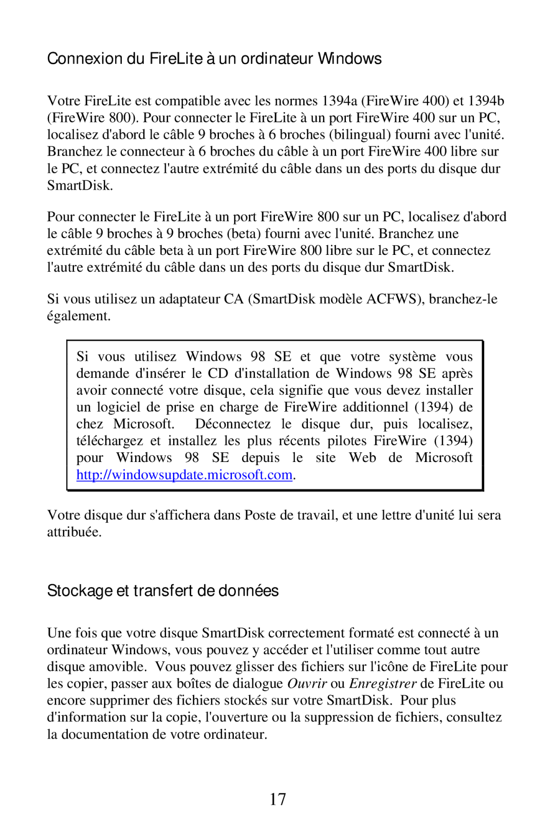 SmartDisk FireWire 800 manual Connexion du FireLite à un ordinateur Windows 