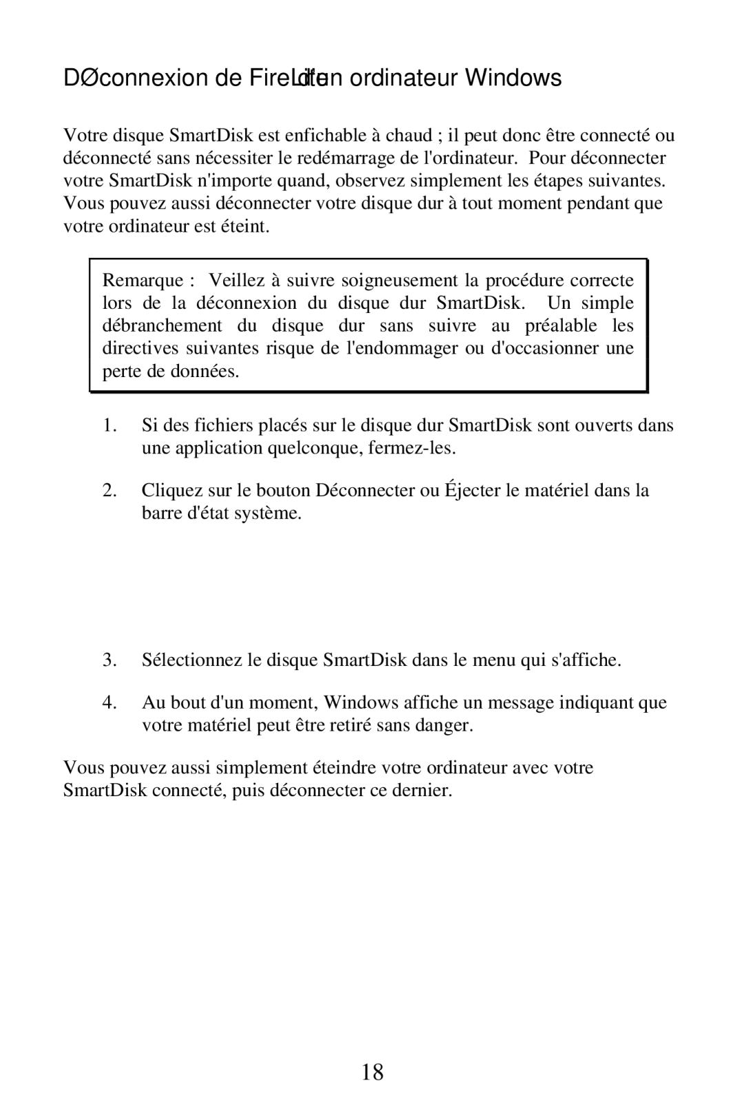 SmartDisk FireWire 800 manual Déconnexion de FireLite dun ordinateur Windows 