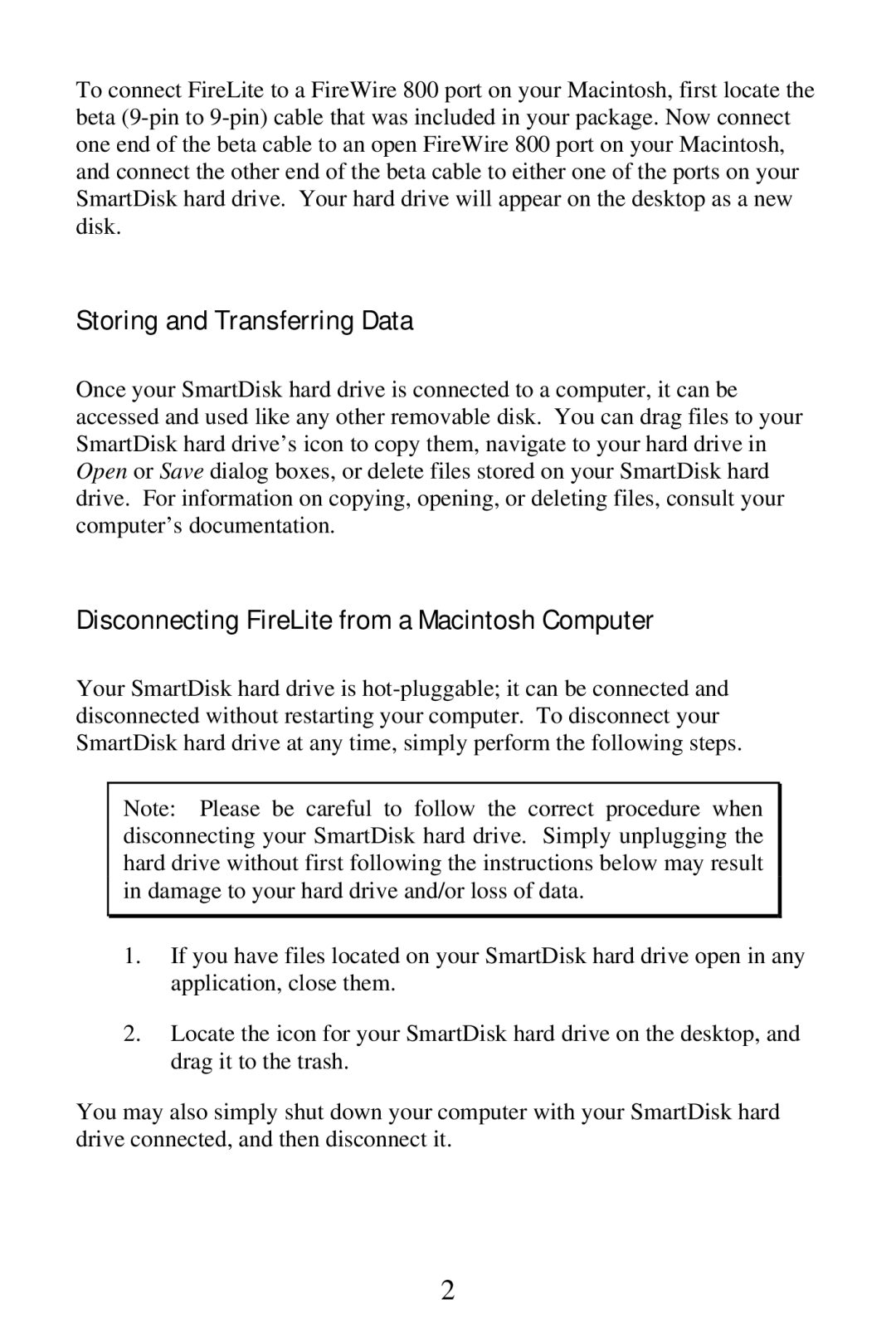 SmartDisk FireWire 800 manual Storing and Transferring Data, Disconnecting FireLite from a Macintosh Computer 