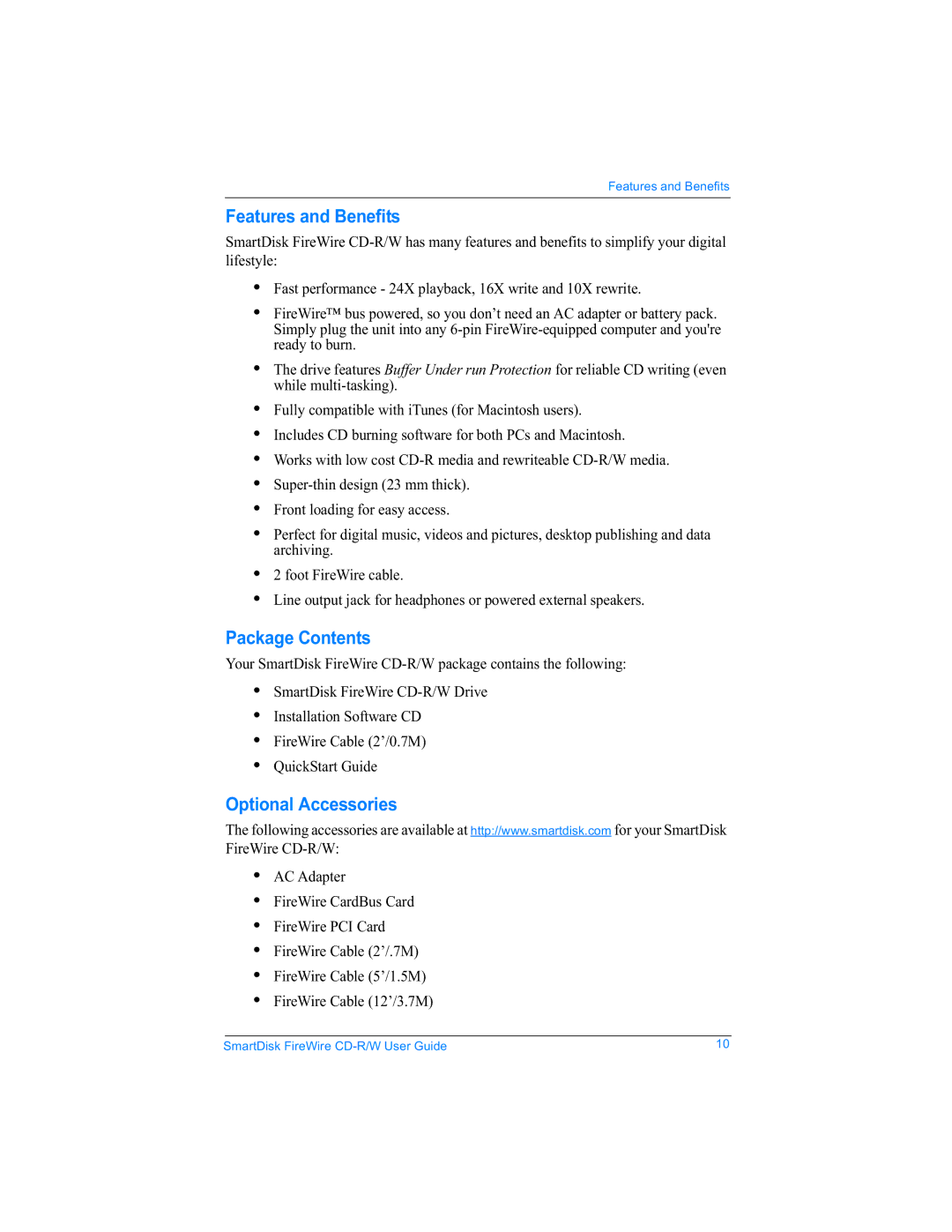 SmartDisk Firewire CD-R/W manual Features and Benefits, Package Contents, Optional Accessories 