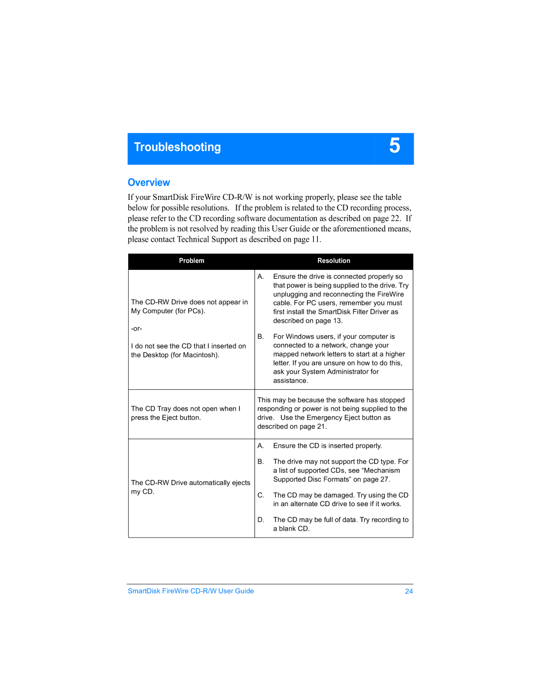 SmartDisk Firewire CD-R/W manual Troubleshooting5, Overview 