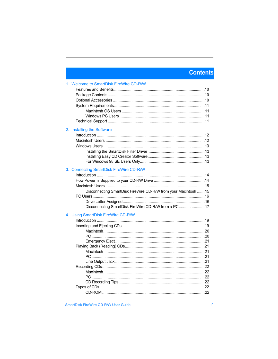 SmartDisk Firewire CD-R/W manual Contents 