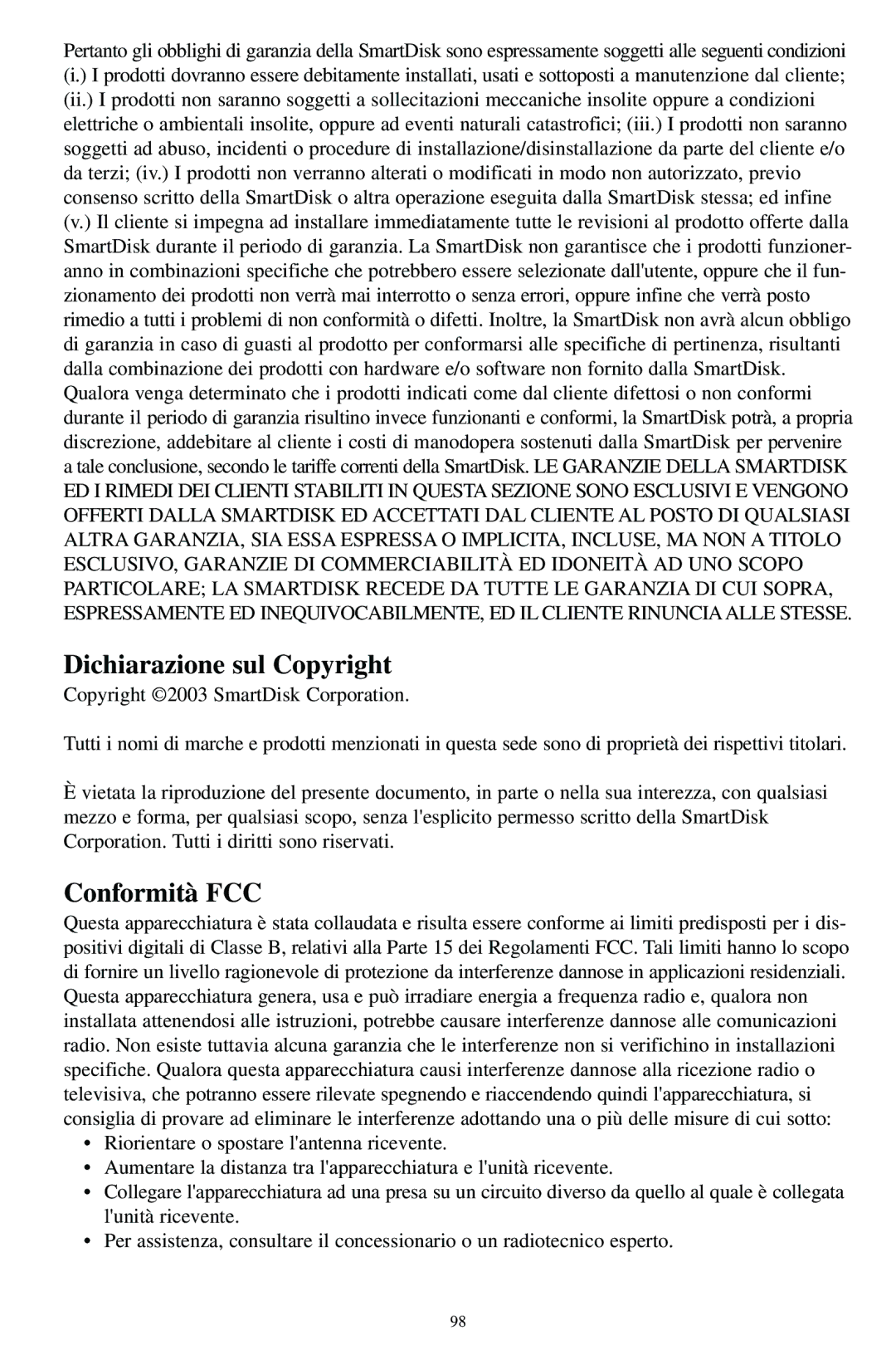 SmartDisk MP3 manual Dichiarazione sul Copyright, Conformità FCC 