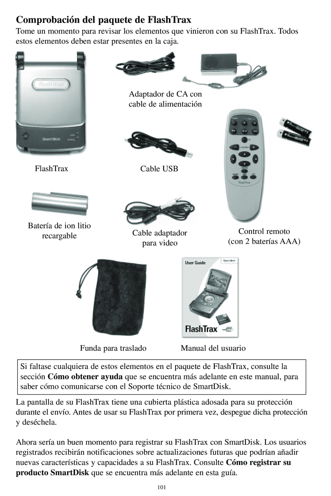 SmartDisk MP3 manual Comprobación del paquete de FlashTrax 