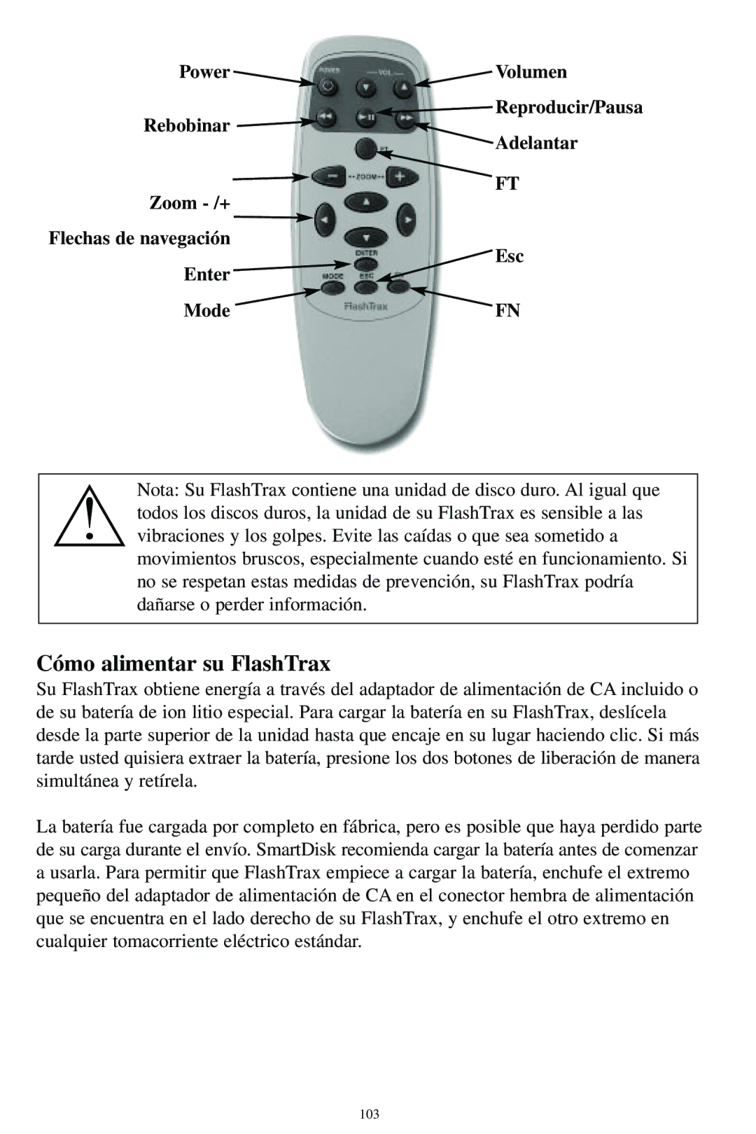 SmartDisk MP3 manual Cómo alimentar su FlashTrax 