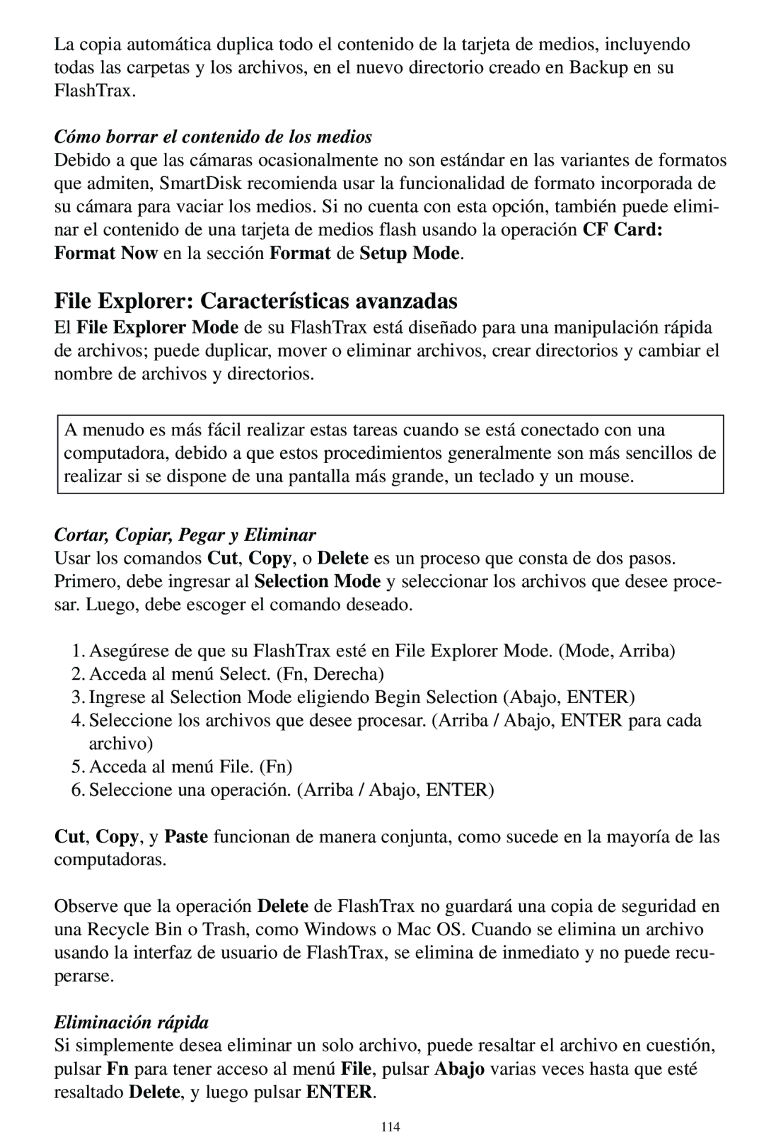 SmartDisk MP3 manual File Explorer Características avanzadas, Cómo borrar el contenido de los medios, Eliminación rápida 