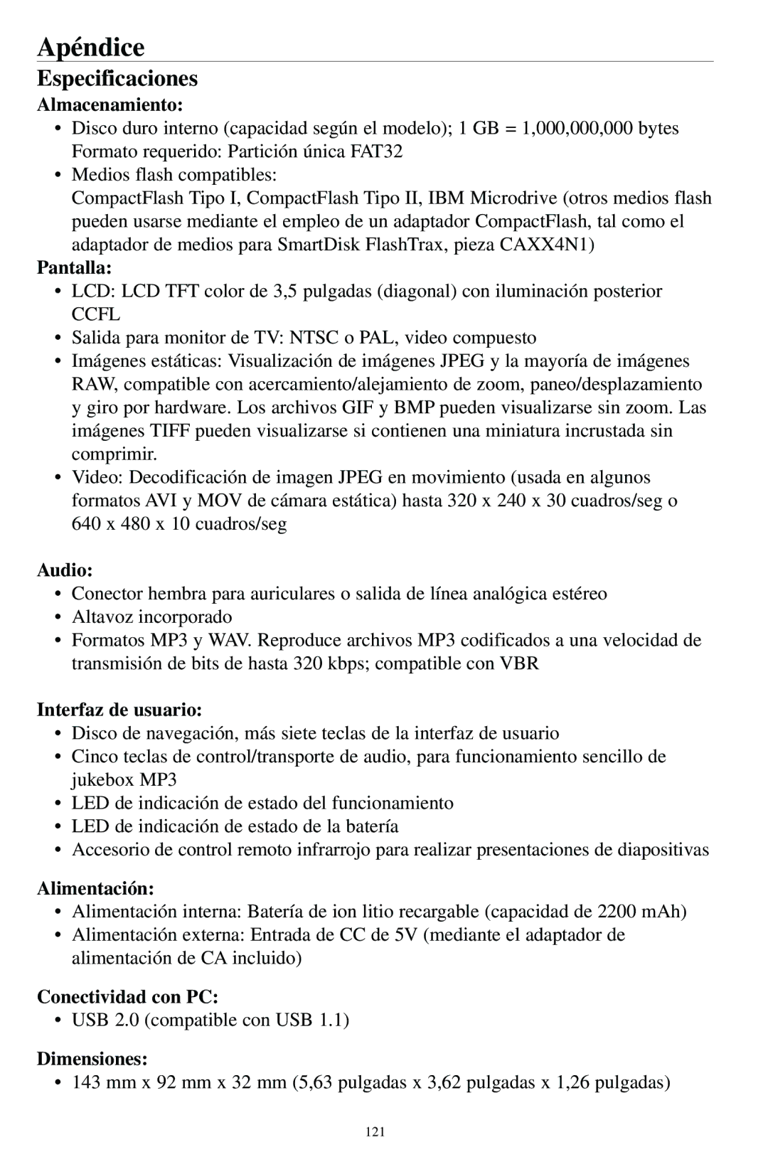 SmartDisk MP3 manual Apéndice, Especificaciones 