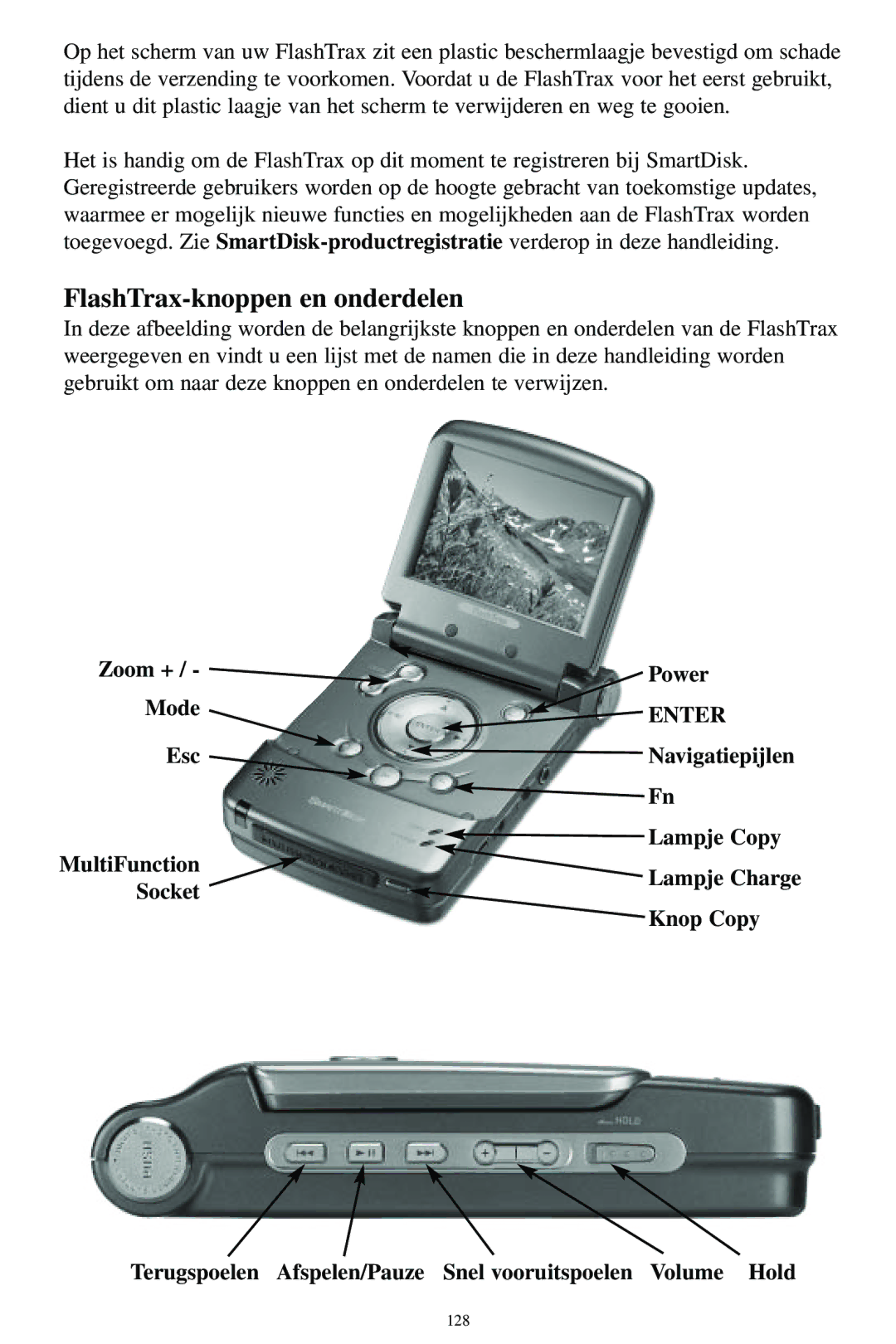 SmartDisk MP3 manual FlashTrax-knoppen en onderdelen, Zoom + Power Mode 