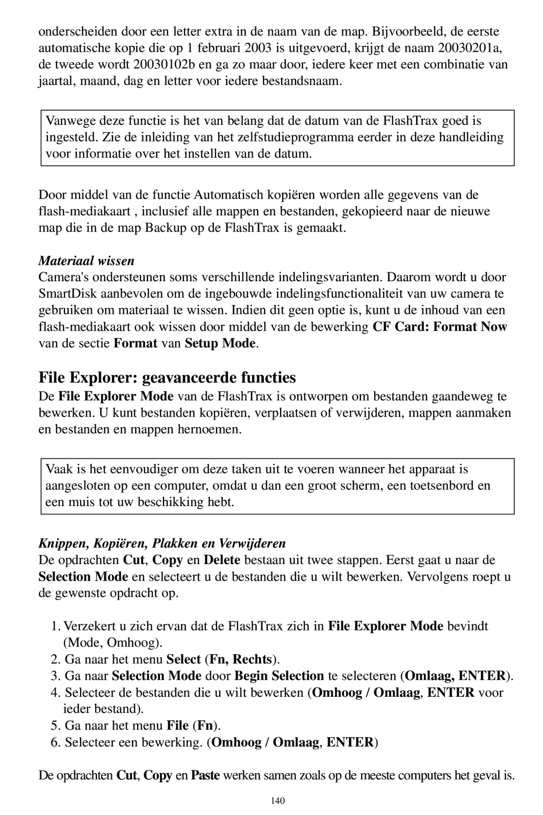 SmartDisk MP3 manual File Explorer geavanceerde functies, Materiaal wissen, Knippen, Kopiëren, Plakken en Verwijderen 