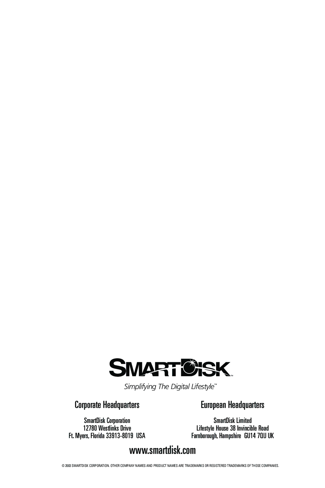 SmartDisk MP3 manual Simplifying The Digital Lifestyle 