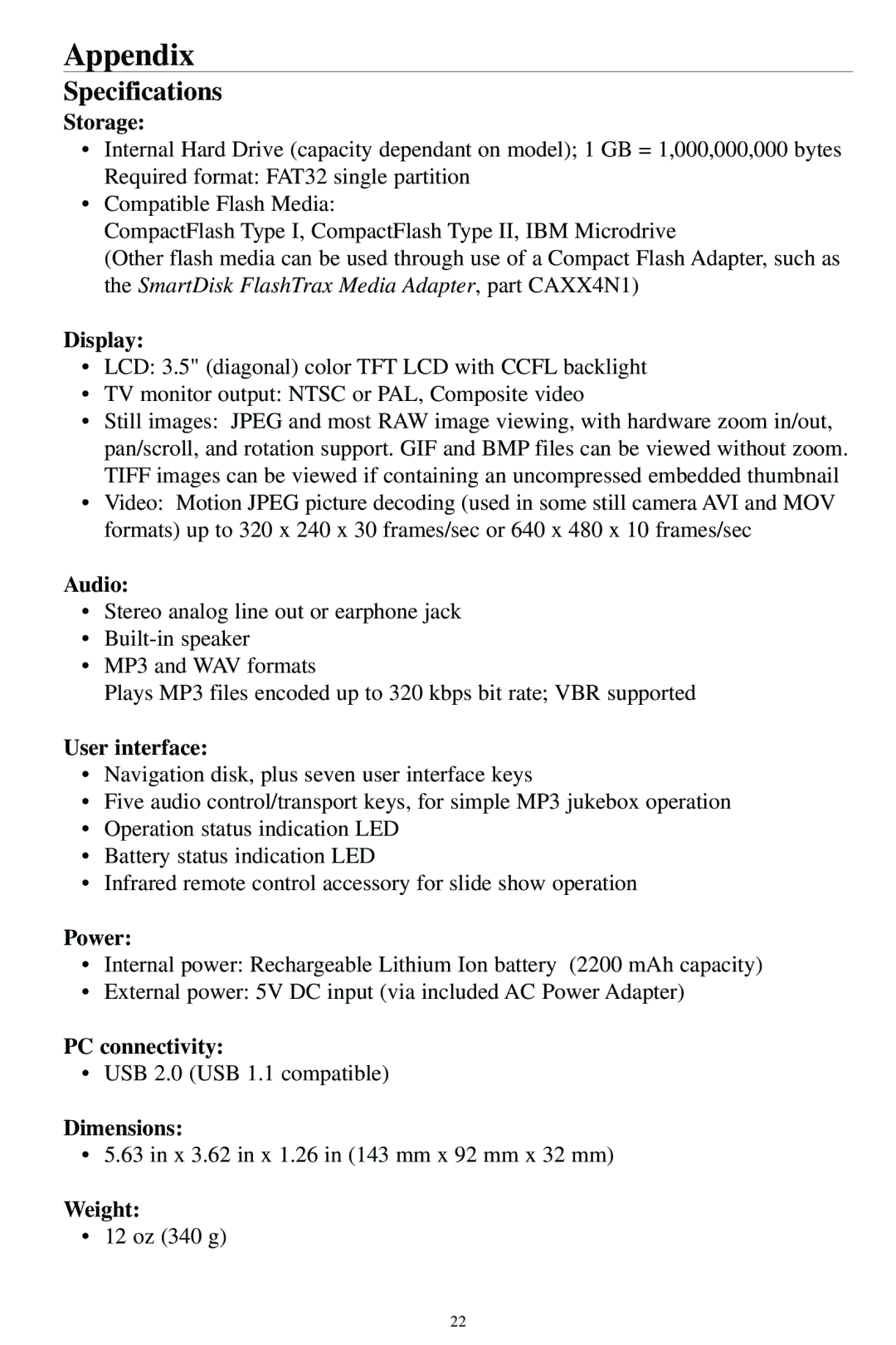 SmartDisk MP3 manual Appendix, Specifications 