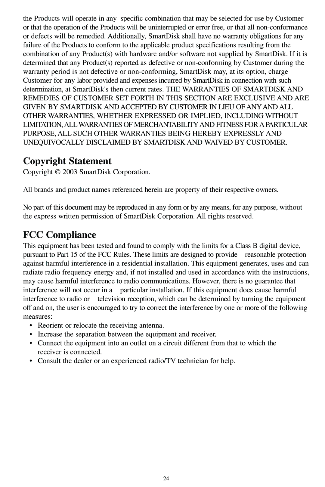 SmartDisk MP3 manual Copyright Statement, FCC Compliance 