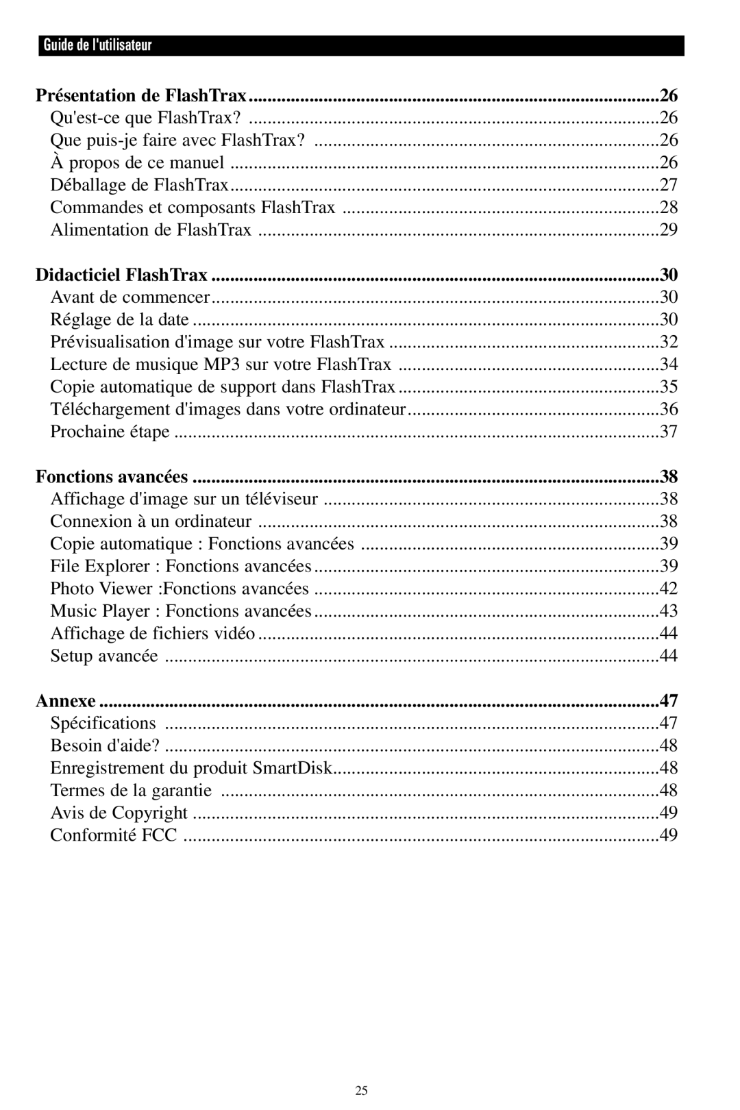 SmartDisk MP3 manual Présentation de FlashTrax, Didacticiel FlashTrax, Fonctions avancées, Annexe 