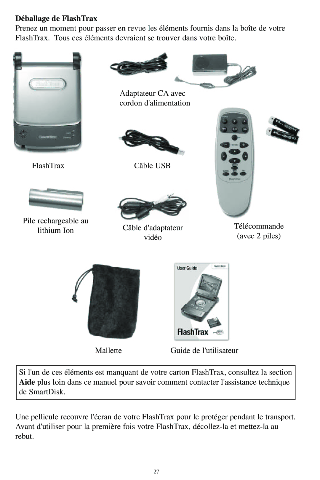 SmartDisk MP3 manual Déballage de FlashTrax 