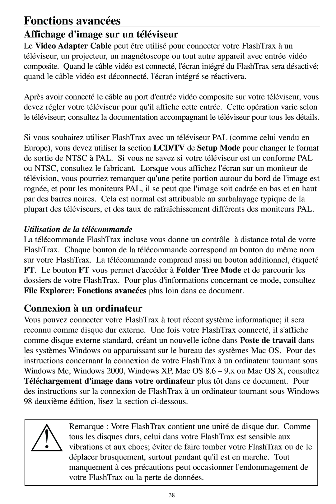 SmartDisk MP3 manual Fonctions avancées, Affichage dimage sur un téléviseur, Connexion à un ordinateur 