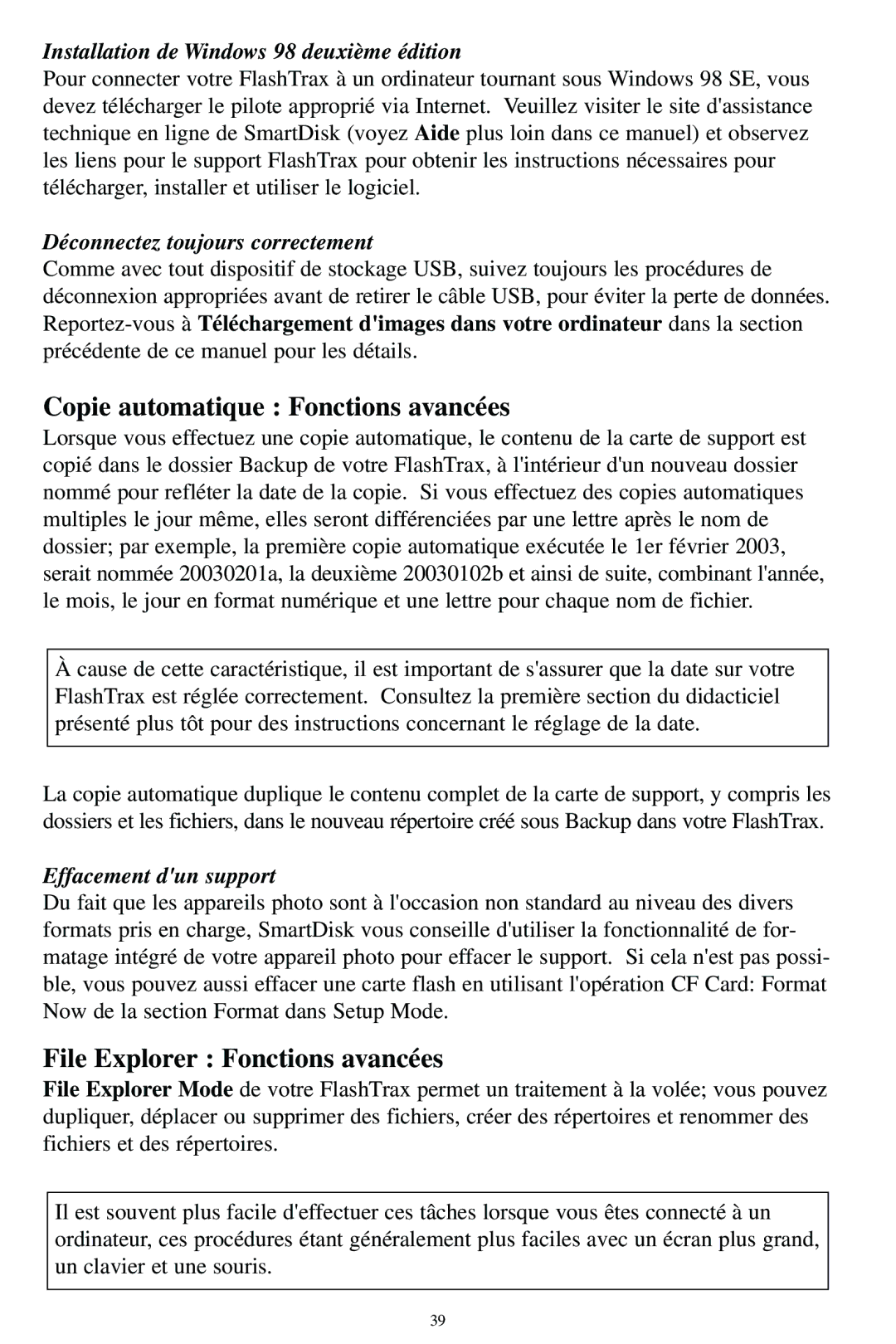 SmartDisk MP3 Copie automatique Fonctions avancées, File Explorer Fonctions avancées, Déconnectez toujours correctement 