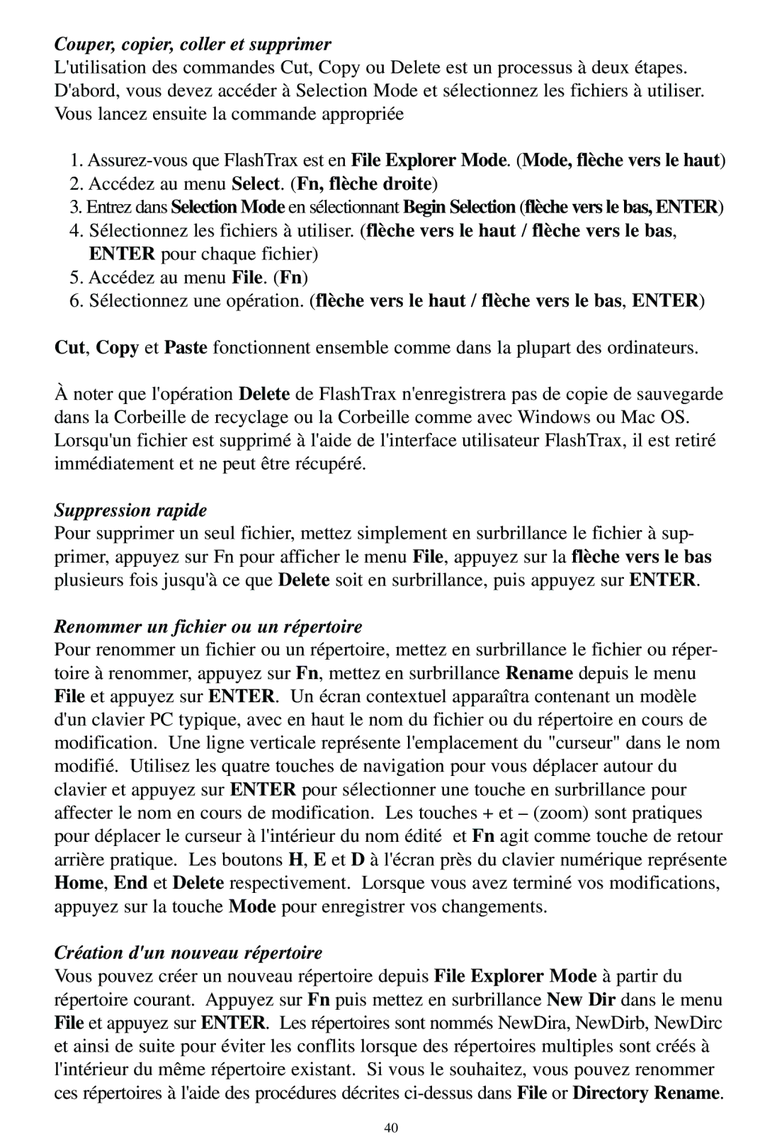 SmartDisk MP3 manual Couper, copier, coller et supprimer, Suppression rapide, Renommer un fichier ou un répertoire 