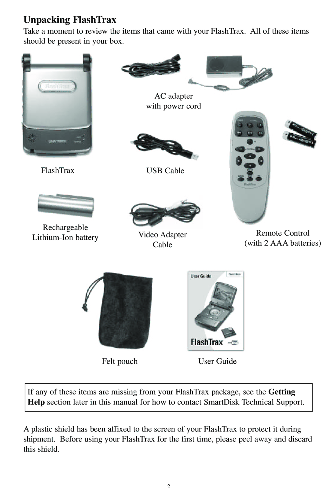 SmartDisk MP3 manual Unpacking FlashTrax 