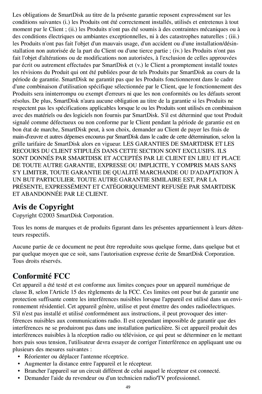 SmartDisk MP3 manual Avis de Copyright, Conformité FCC 