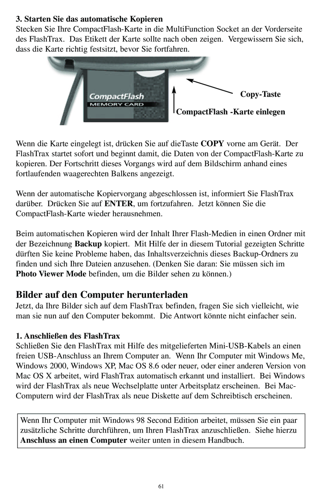 SmartDisk MP3 Bilder auf den Computer herunterladen, Starten Sie das automatische Kopieren, Anschließen des FlashTrax 