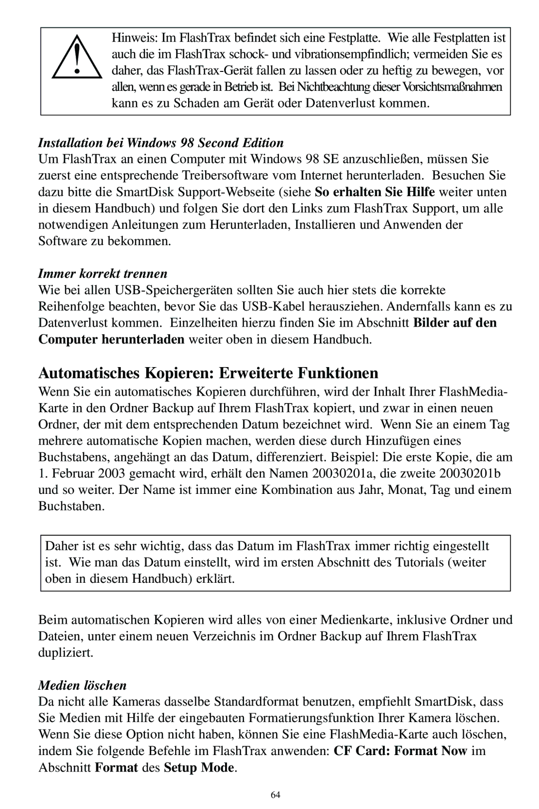 SmartDisk MP3 Automatisches Kopieren Erweiterte Funktionen, Installation bei Windows 98 Second Edition, Medien löschen 