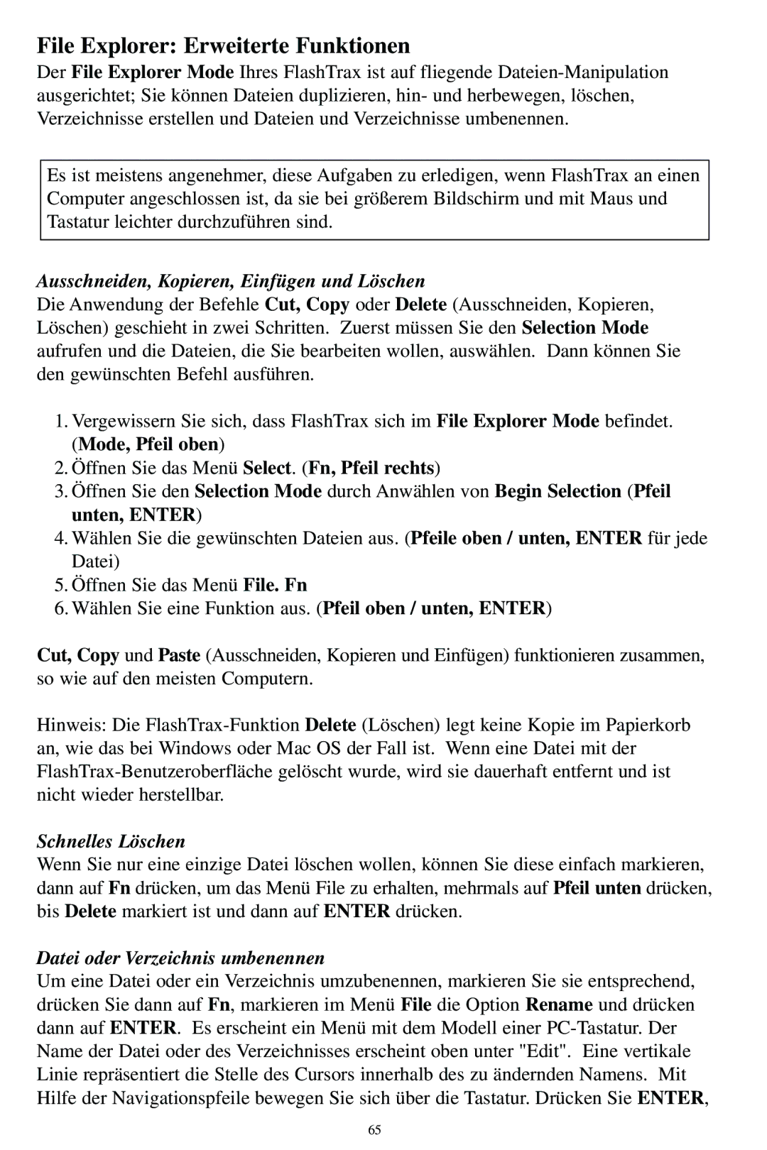 SmartDisk MP3 manual File Explorer Erweiterte Funktionen, Ausschneiden, Kopieren, Einfügen und Löschen, Schnelles Löschen 