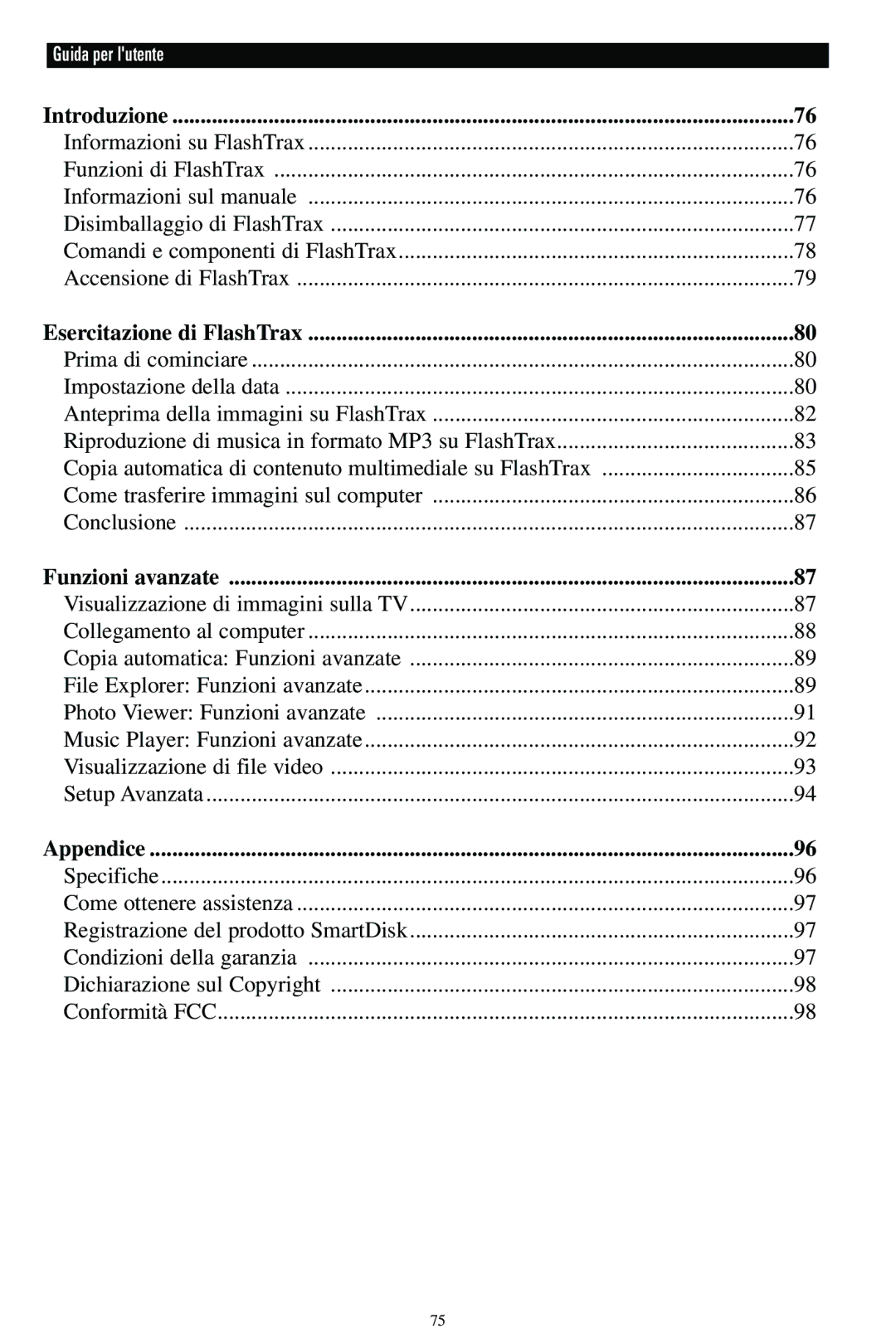 SmartDisk MP3 manual Introduzione, Esercitazione di FlashTrax, Funzioni avanzate, Appendice 