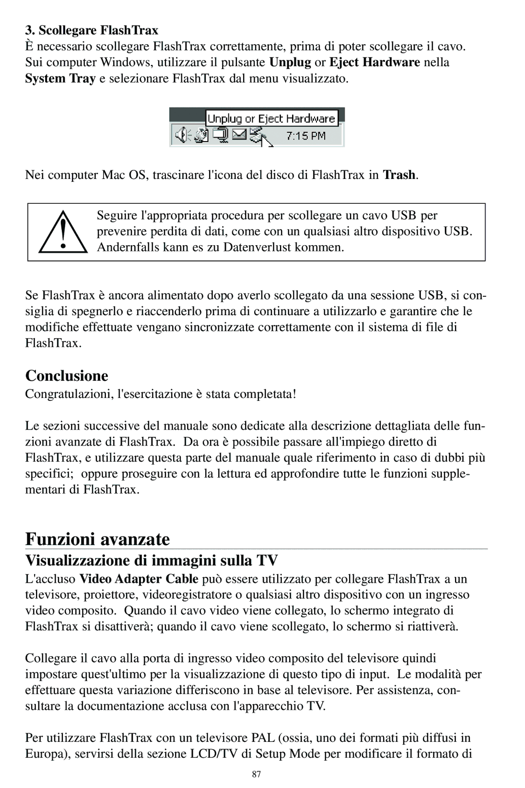 SmartDisk MP3 manual Funzioni avanzate, Conclusione, Visualizzazione di immagini sulla TV, Scollegare FlashTrax 