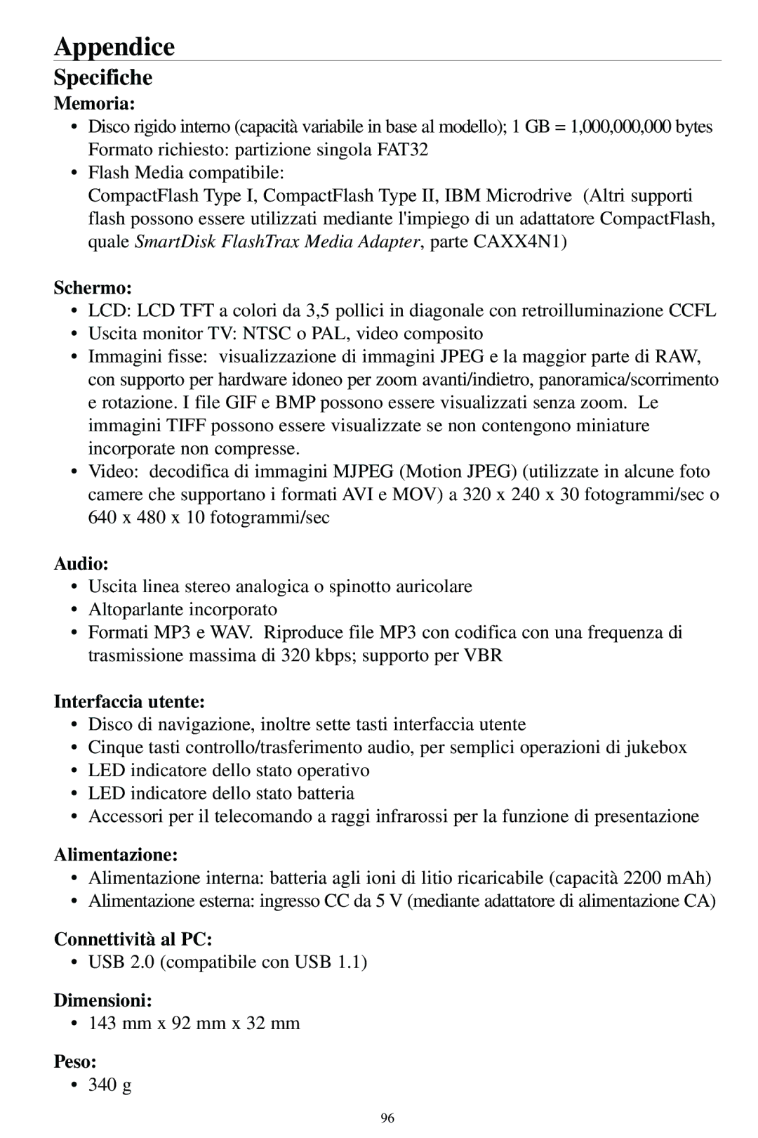 SmartDisk MP3 manual Appendice, Specifiche 