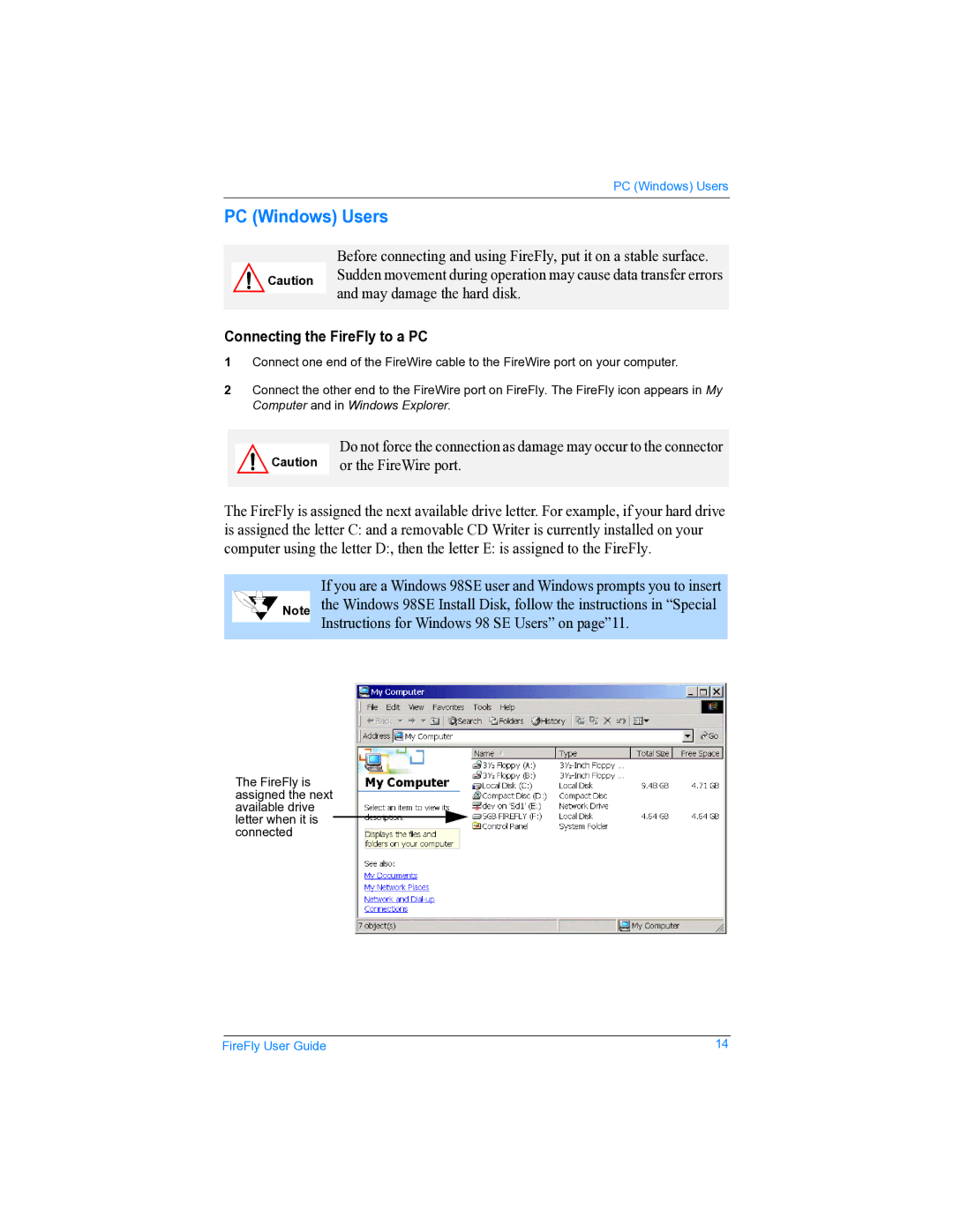 SmartDisk none manual Connecting the FireFly to a PC, Instructions for Windows 98 SE Users on page11 