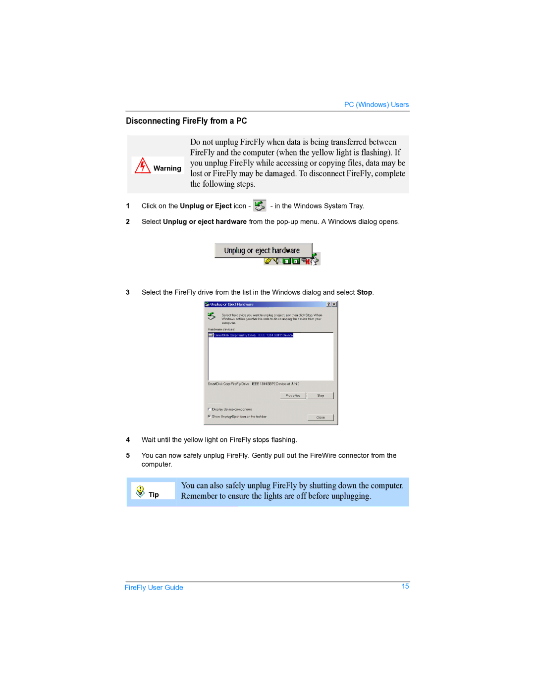 SmartDisk none manual Disconnecting FireFly from a PC 