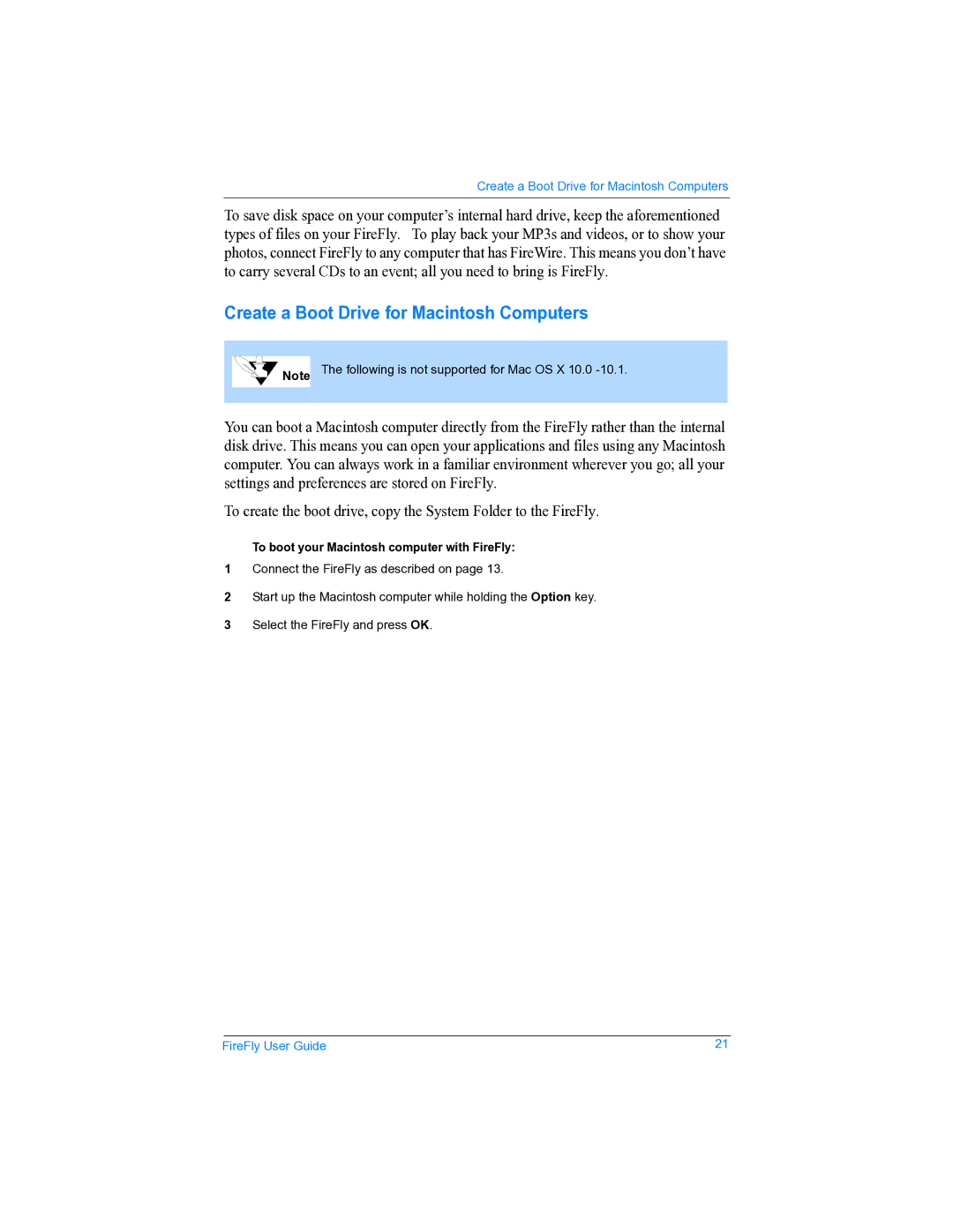 SmartDisk none manual Create a Boot Drive for Macintosh Computers, To boot your Macintosh computer with FireFly 