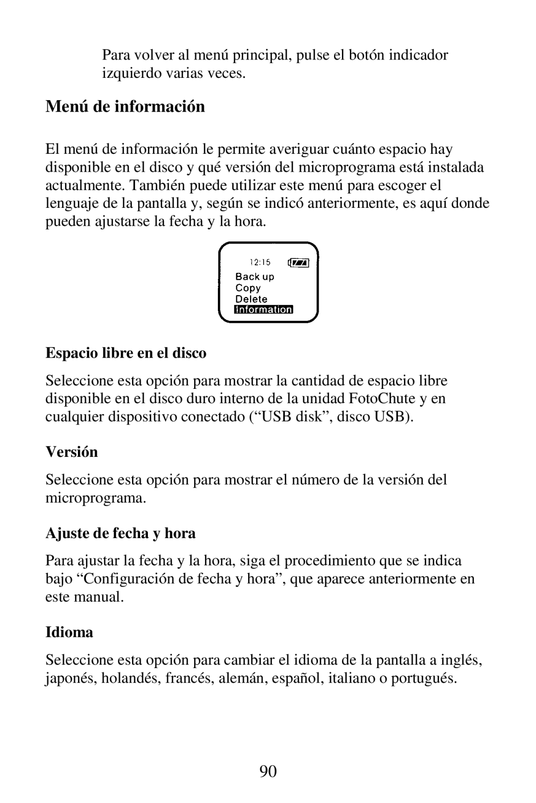 SmartDisk Portable Hard Drive Menú de información, Espacio libre en el disco, Versión, Ajuste de fecha y hora, Idioma 