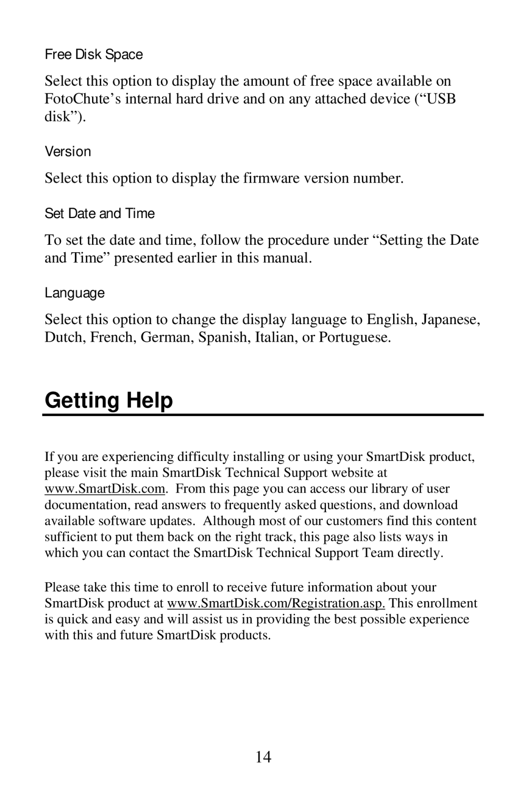 SmartDisk Portable Hard Drive manual Getting Help, Free Disk Space 