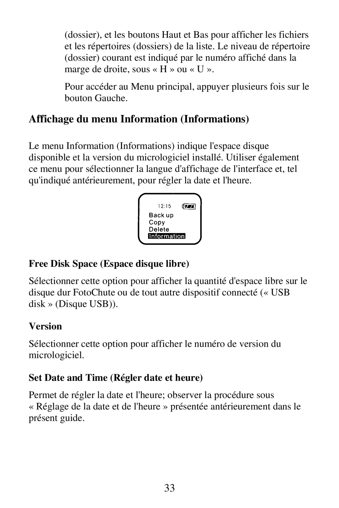 SmartDisk Portable Hard Drive Affichage du menu Information Informations, Free Disk Space Espace disque libre, Version 