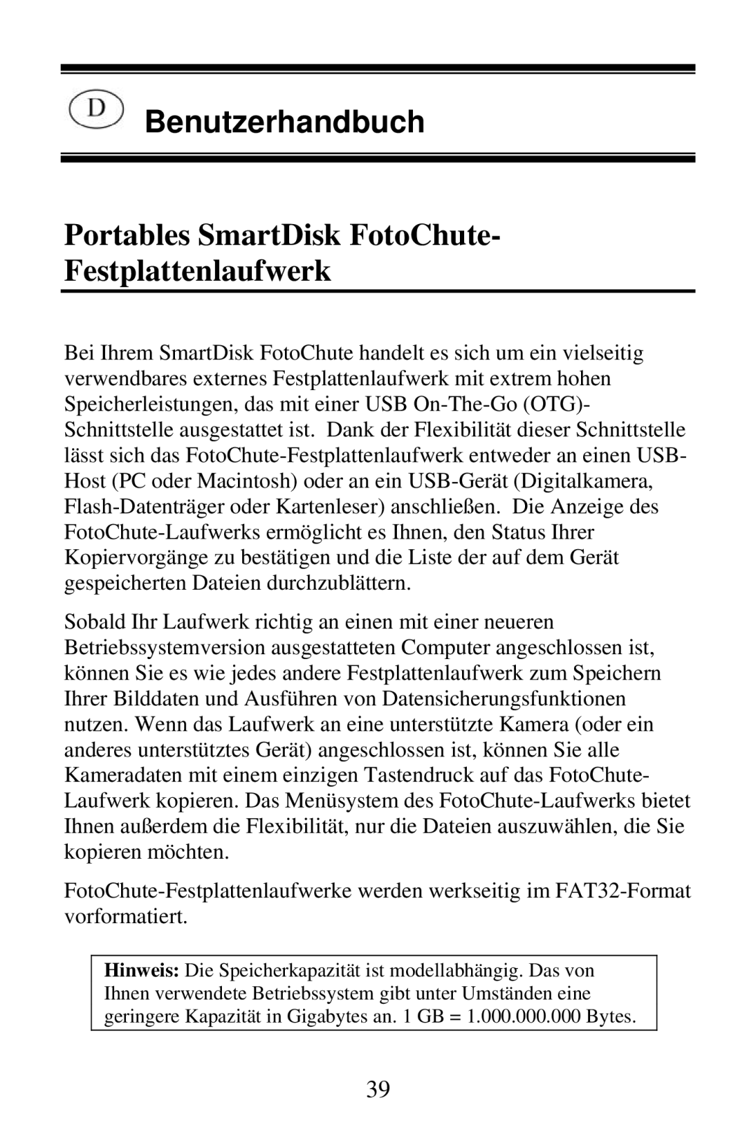 SmartDisk Portable Hard Drive manual Benutzerhandbuch, Portables SmartDisk FotoChute Festplattenlaufwerk 