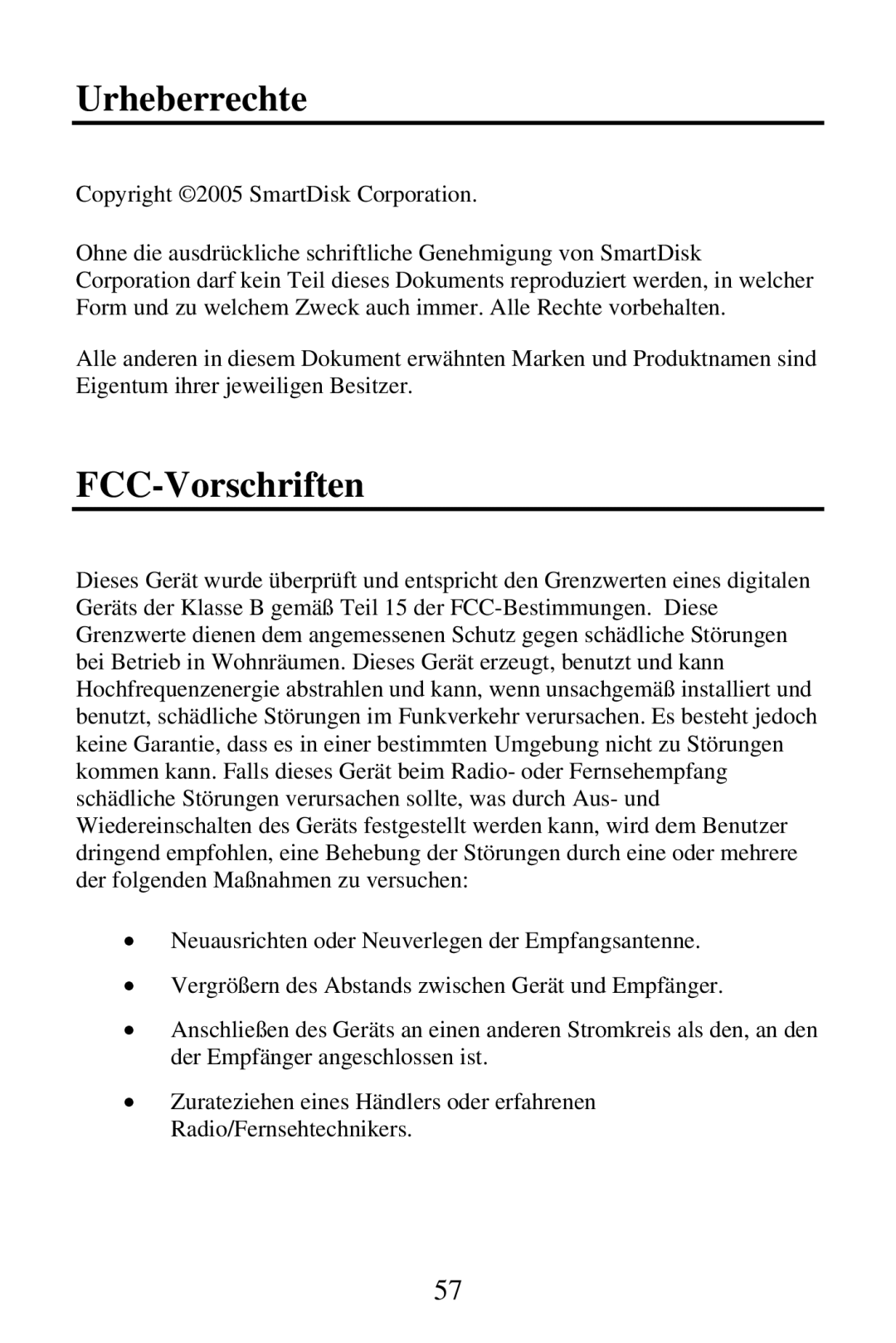 SmartDisk Portable Hard Drive manual Urheberrechte, FCC-Vorschriften 