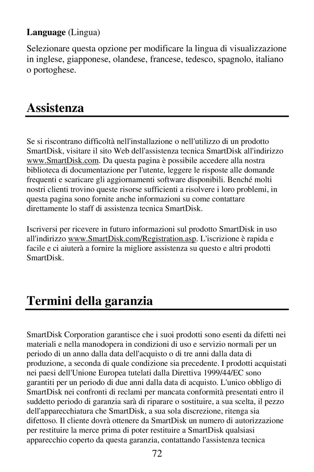 SmartDisk Portable Hard Drive manual Assistenza Termini della garanzia, Language Lingua 