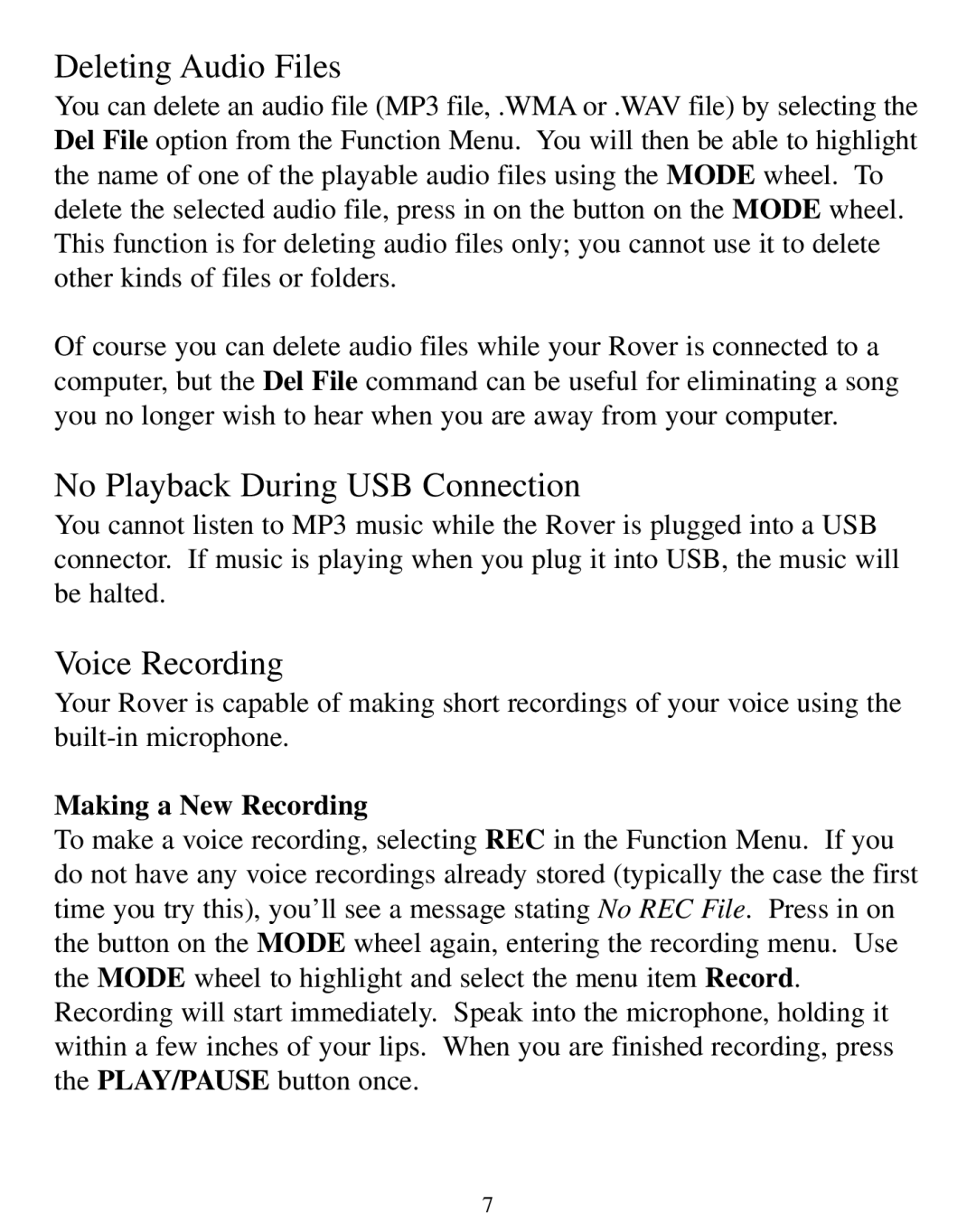 SmartDisk Rover manual Deleting Audio Files, No Playback During USB Connection, Voice Recording, Making a New Recording 