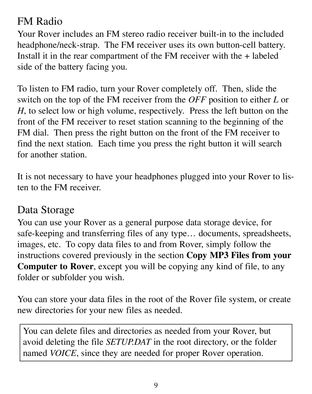 SmartDisk Rover manual FM Radio, Data Storage 